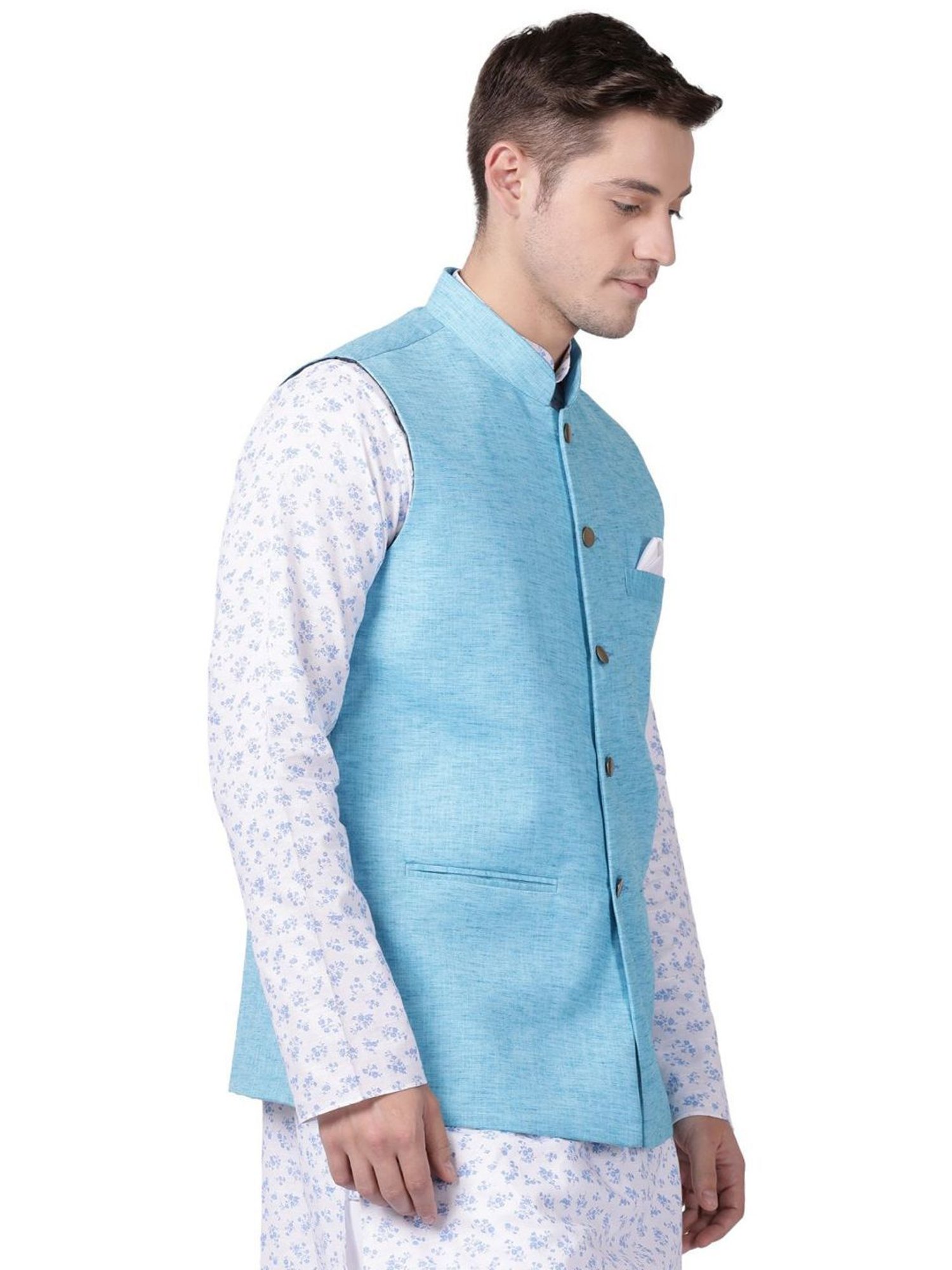 TABARD Blue Cotton Regular Texture Nehru Jacket