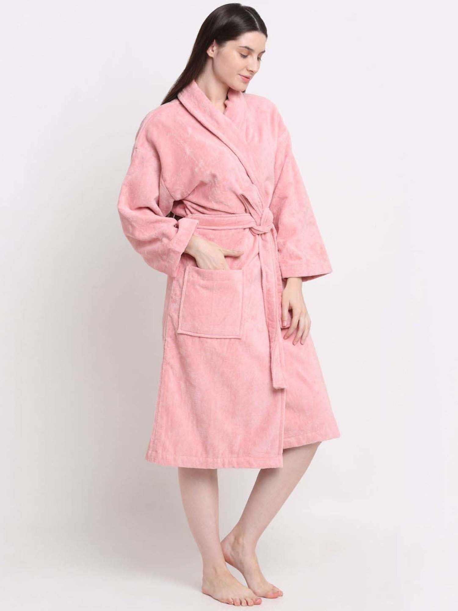 Creeva Luxury Pink Cotton 380 GSM Super Soft Velour Small Size Bathrobe