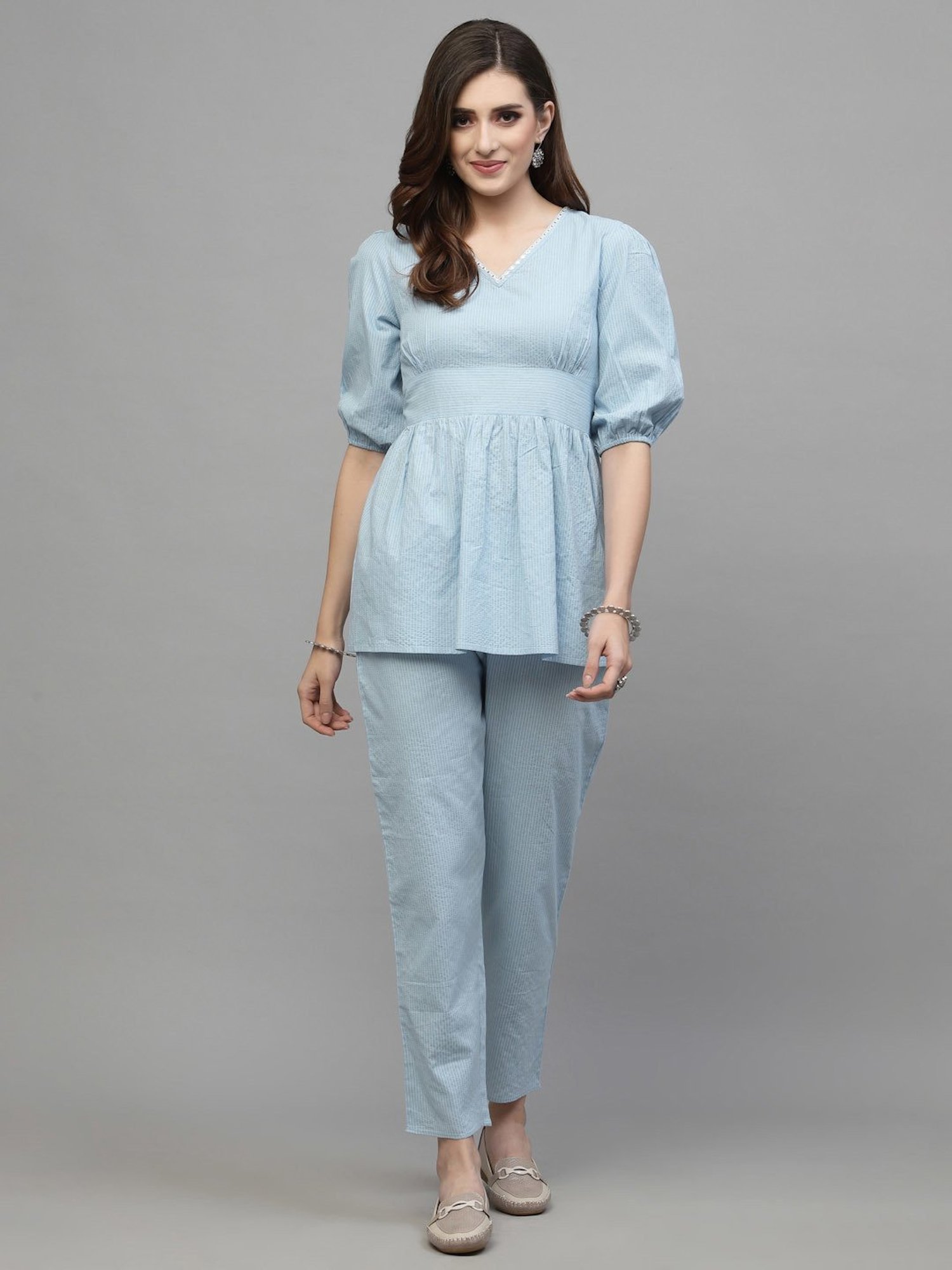 Stylum Sky Blue Cotton Striped Tunic Pant Set
