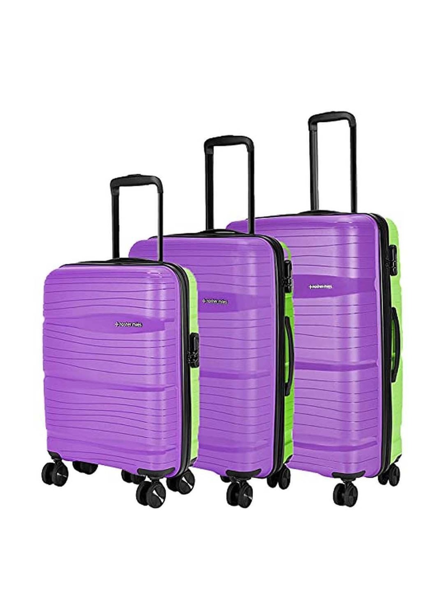 Nasher Miles Nicobar Hard-Sided Polypropylene Set of 3 Purple and Green Trolley Bags(55,65&75Cm)