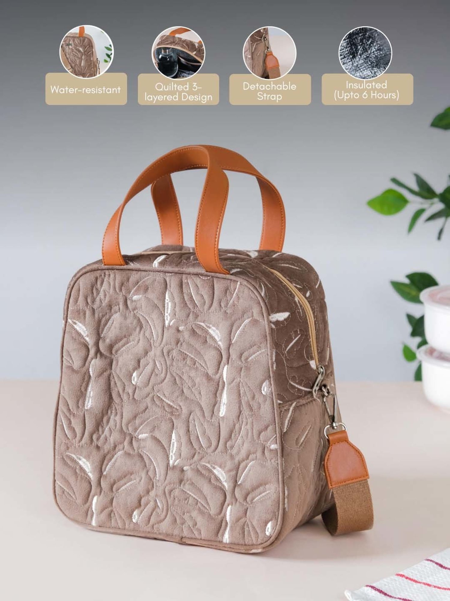 Nestasia High-Quality Insulated Velvet Beige Lunch Bag With Adjustable Shoulder Strap & Handles