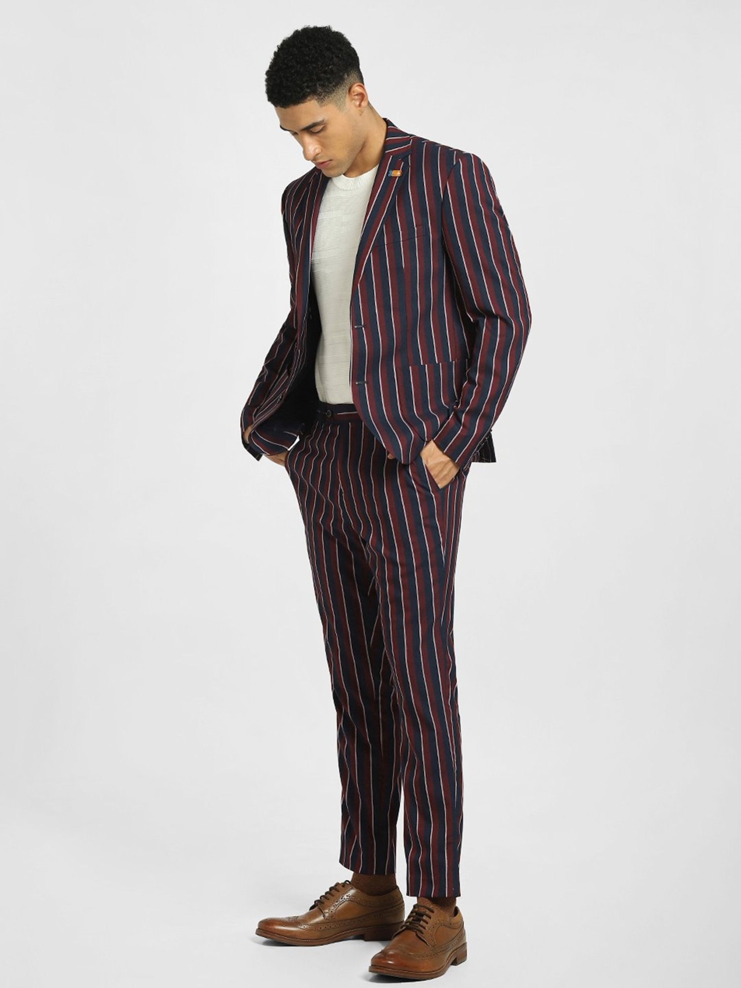 Jack & Jones Maroon & Blue Slim Fit Striped Blazers