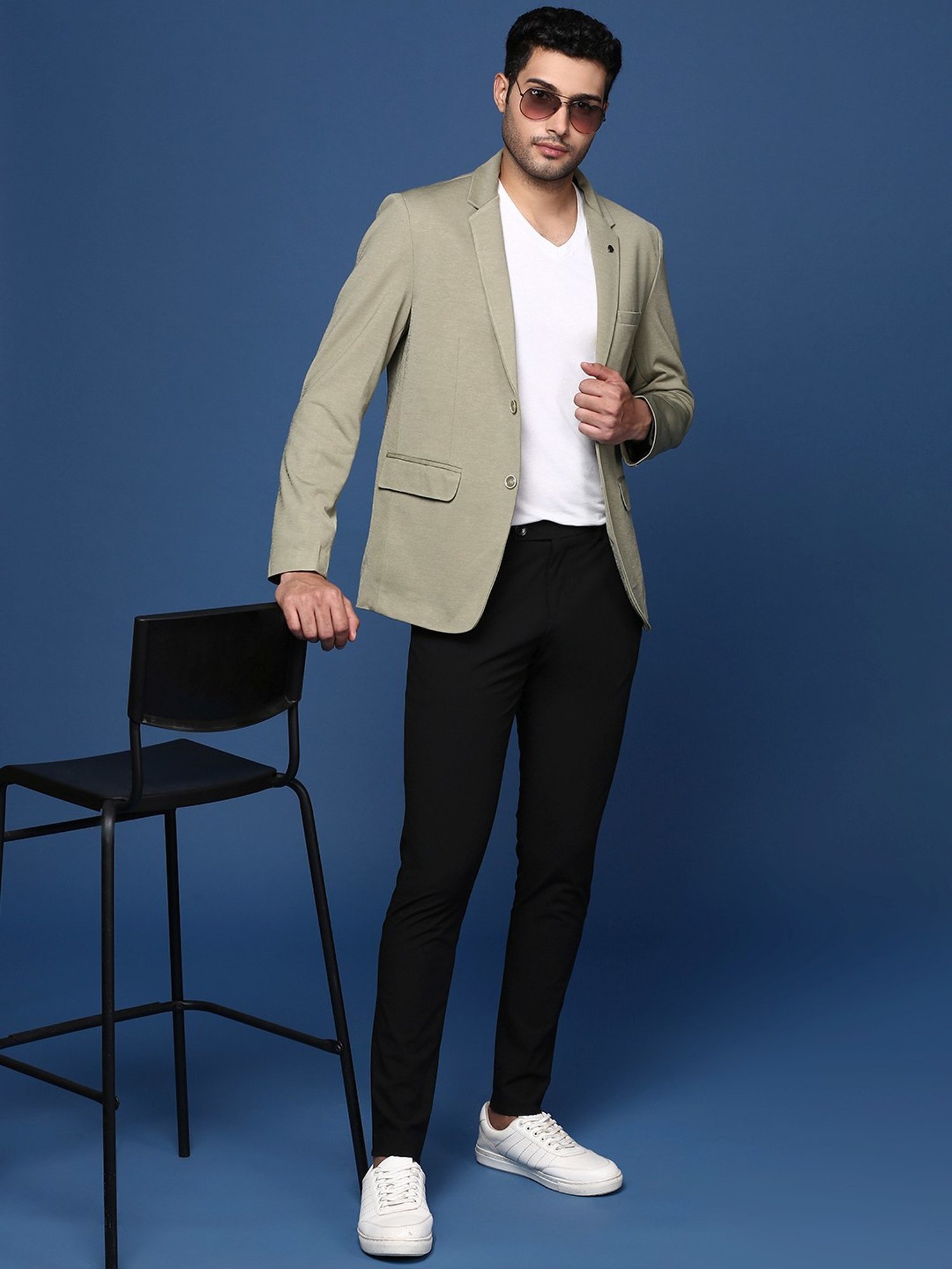 Showoff Pista Green Cotton Slim Fit Blazer