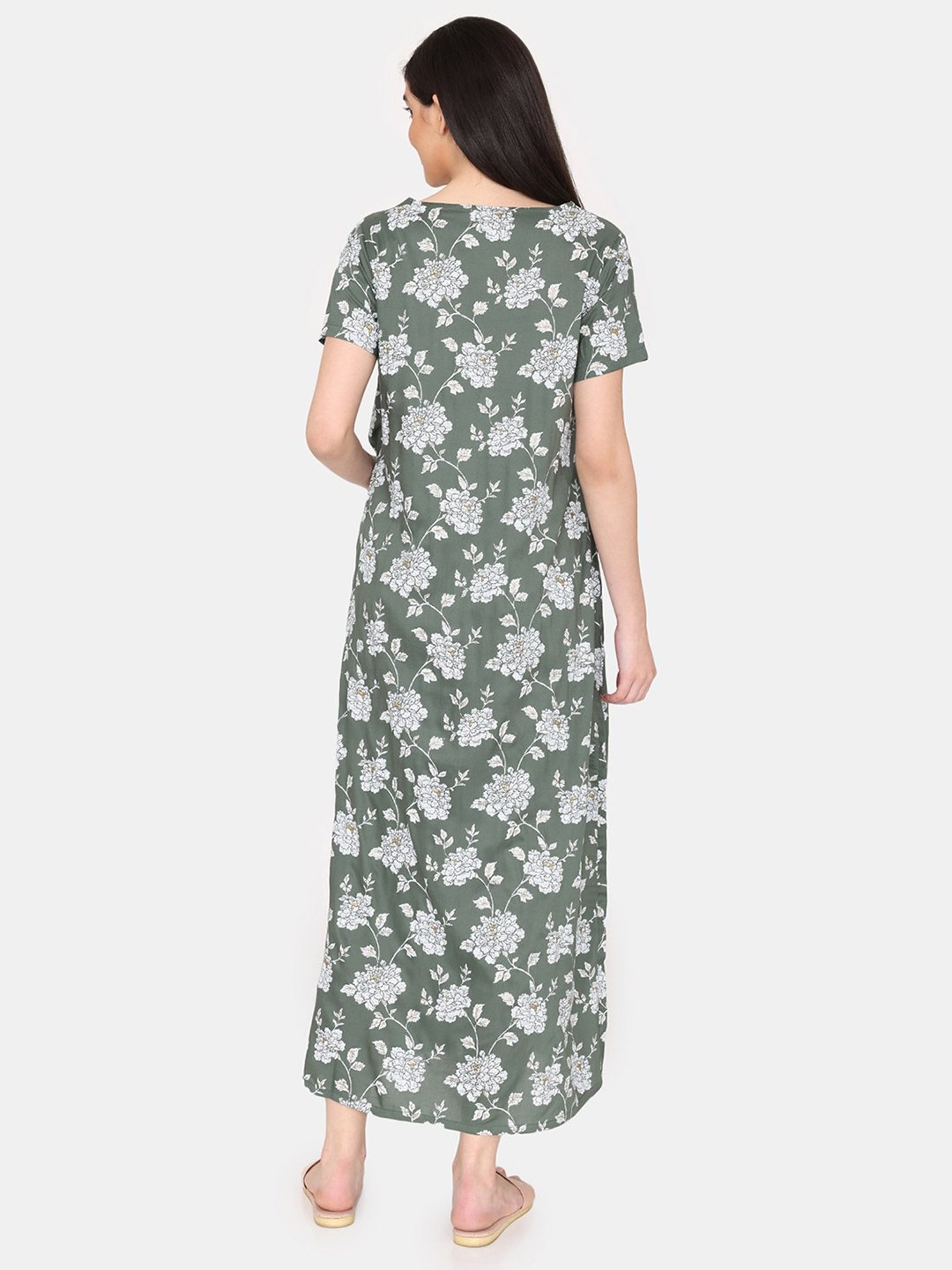 Coucou by Zivame Dark Green Printed Maternity Night Dress