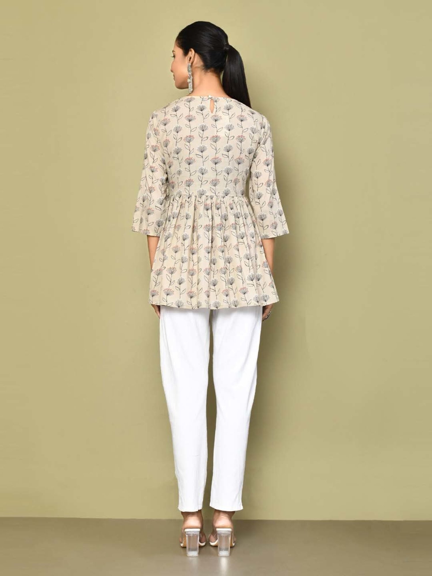 Miravan Beige Cotton Printed A Line Short Kurti