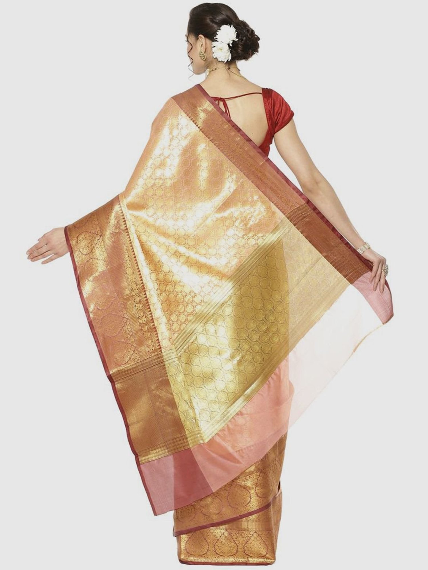 Banarasi Silk Works Peach & Brown Woven Saree With Unstitched Blouse