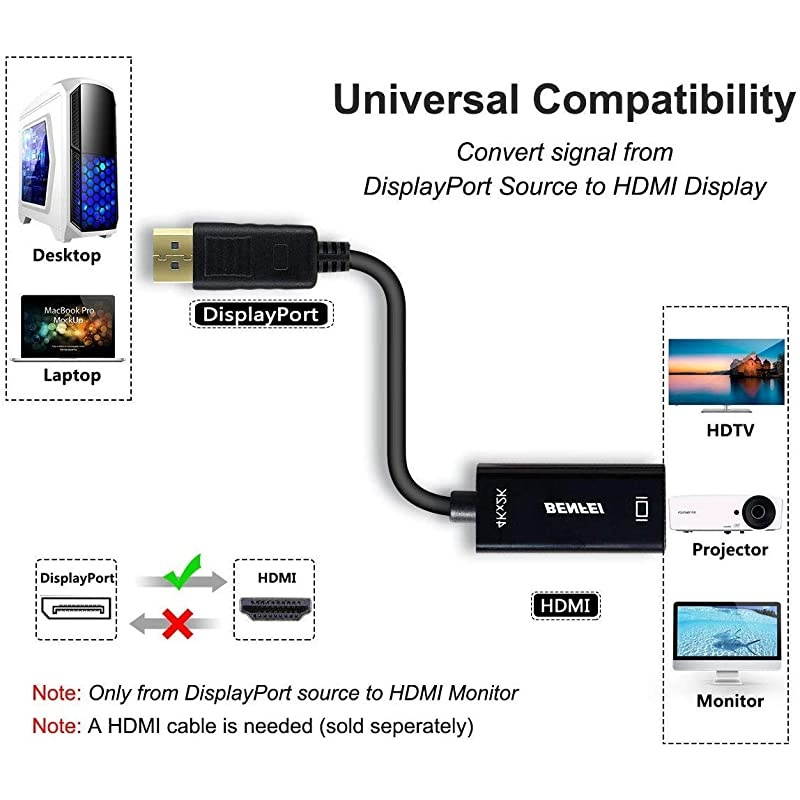 DisplayPort to HDMI,  Gold-Plated DP Display Port to HDMI Adapter (Male to Female) Compatible for Lenovo Dell HP and Other Brand