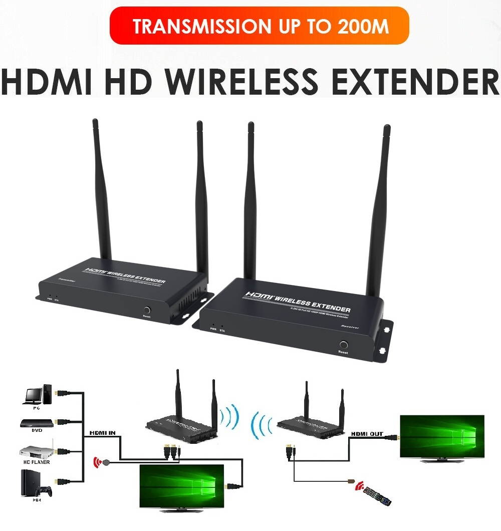 Up to 656Ft, Wireless 1080P @ 60Hz Video Extender with Local Pass-through HDMI Loop-out Transmitter Receiver kit 200m with IR remote