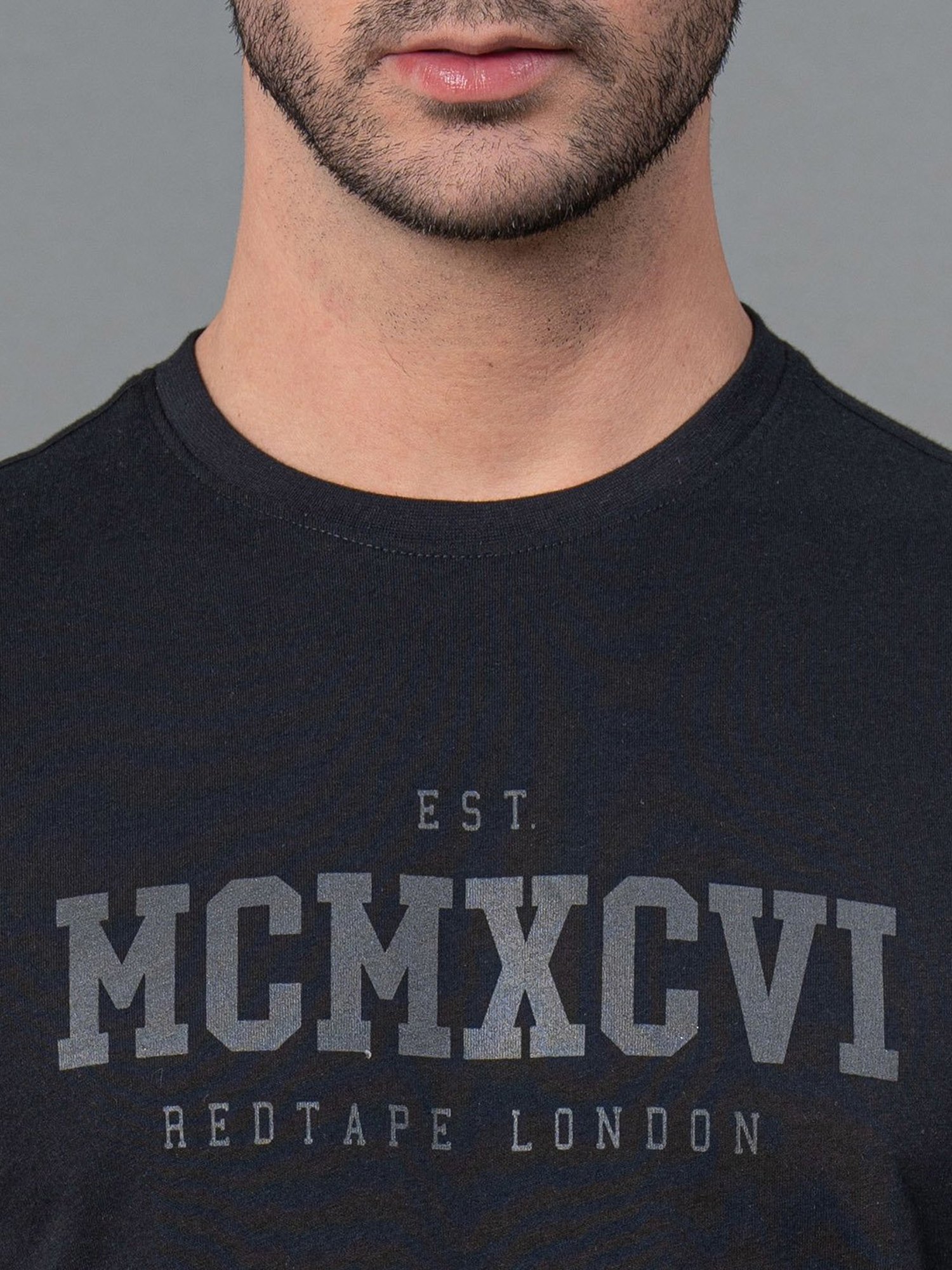 Red Tape Black Regular Fit Graphic Print Cotton Crew T-Shirt