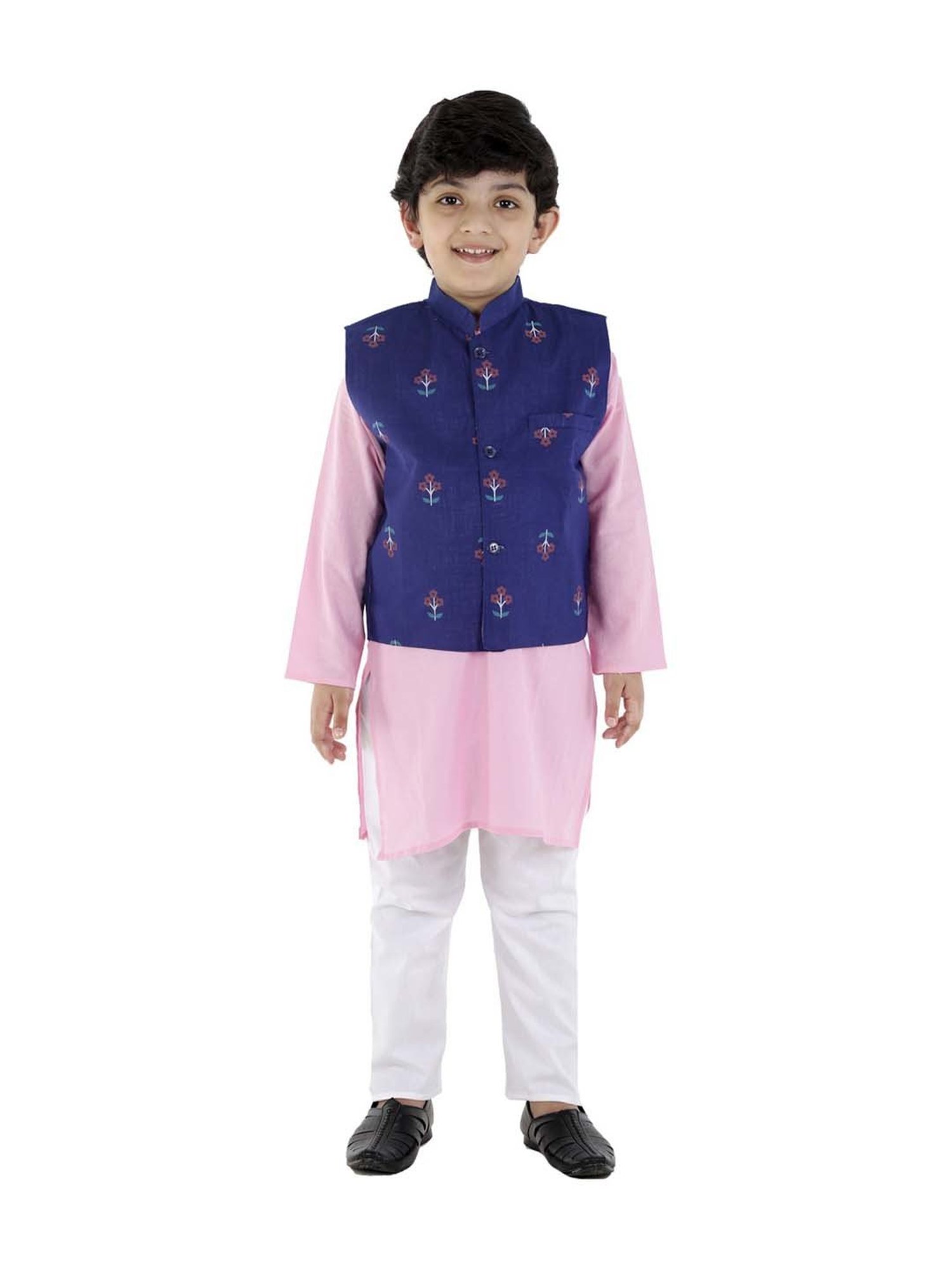 Ahhaaaa Kids Blue & Pink Cotton Floral Print Kurta Set