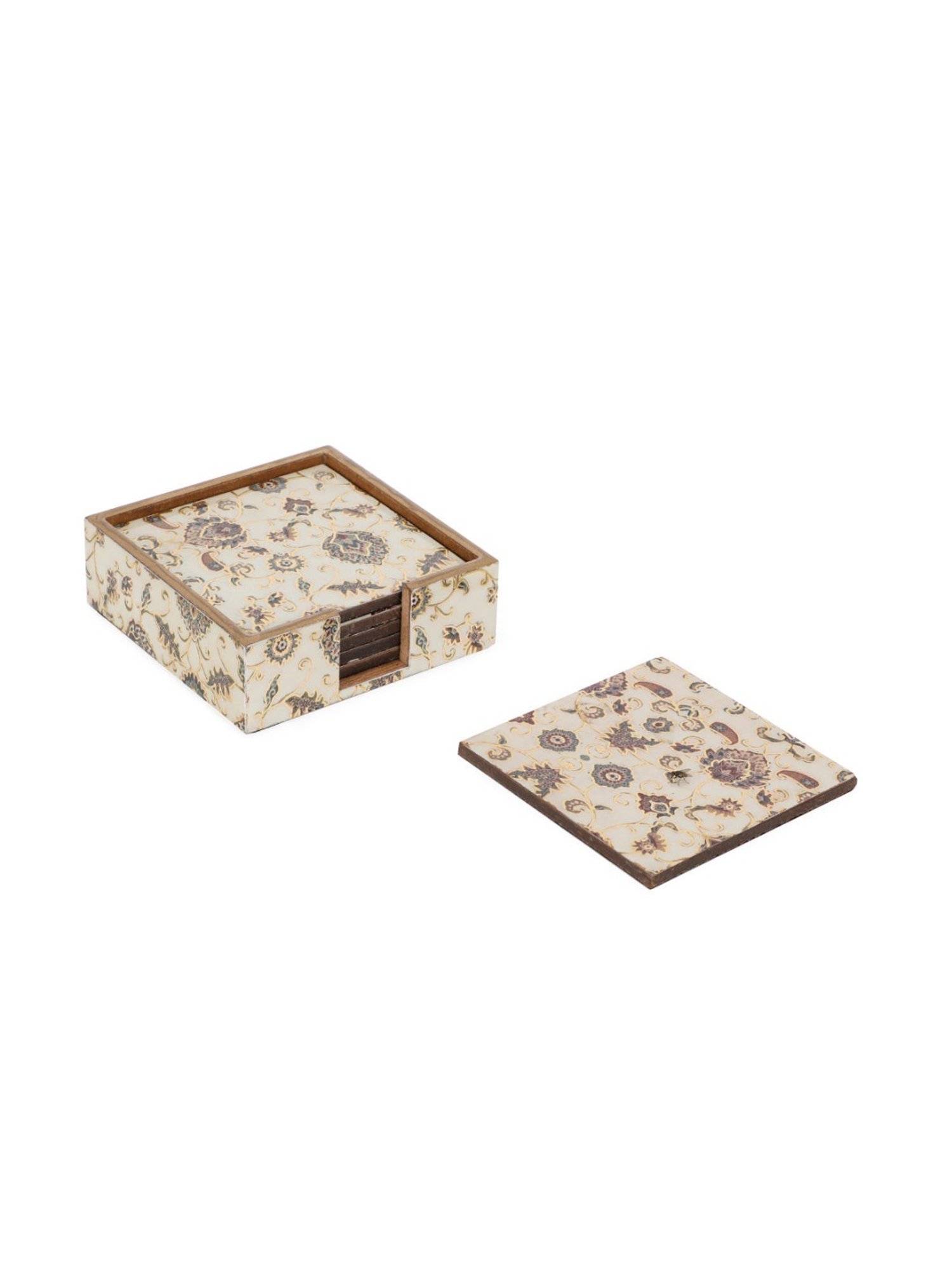 Karo Tapi Printed Multicolor Wood Coasters - Set of 6