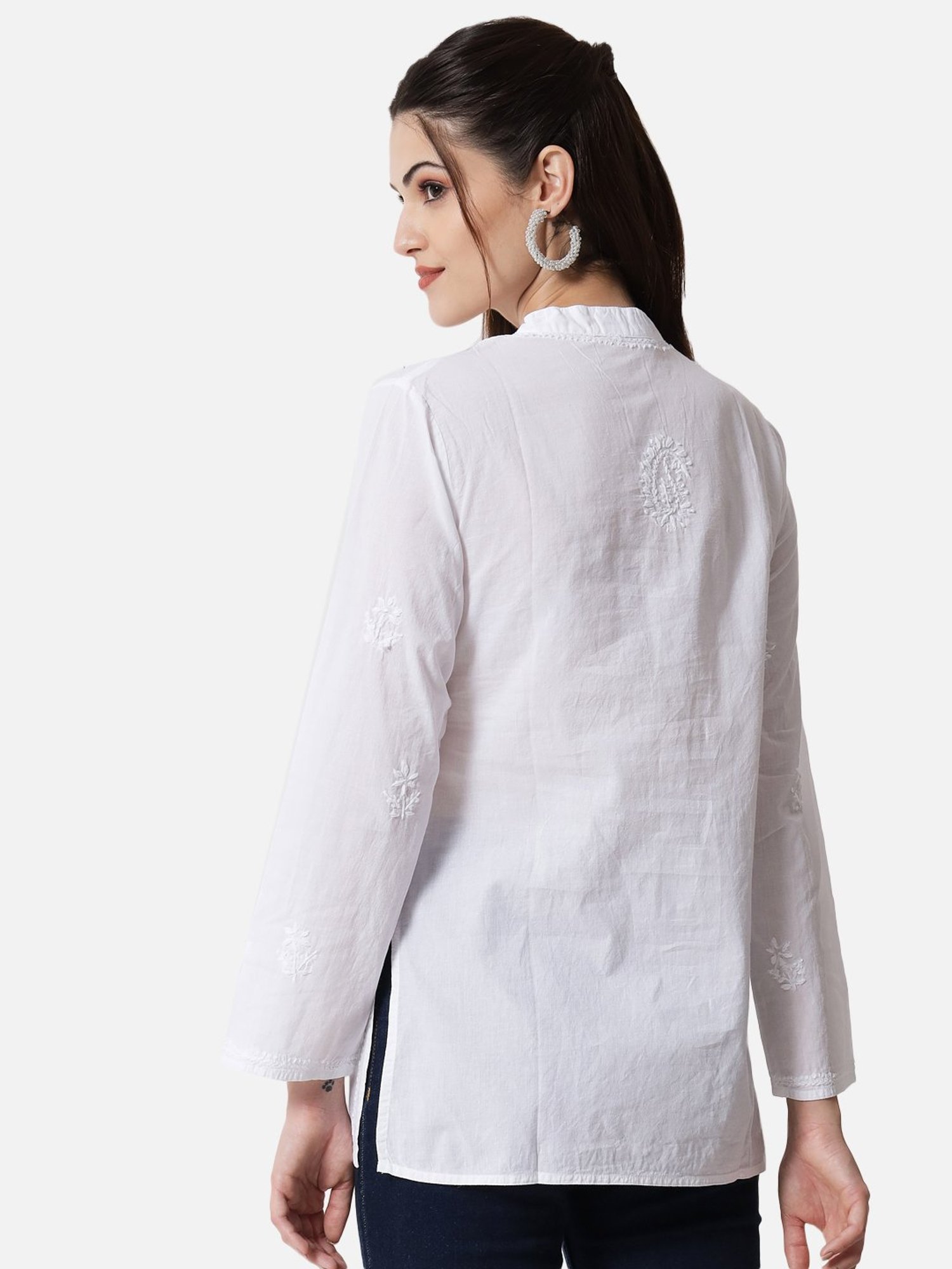 PARAMOUNT CHIKAN Pearl White Cotton Hand Embroidered Chikankari A Line Short Kurti