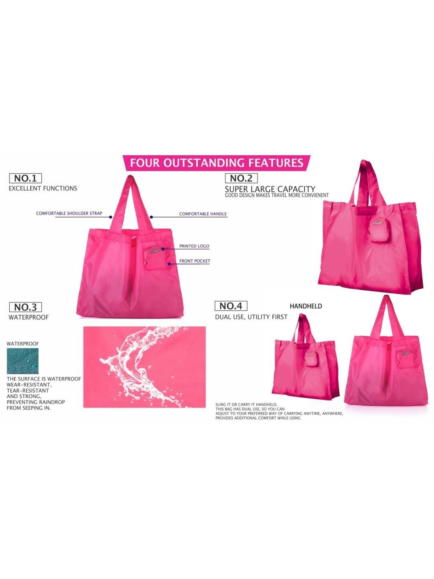 Travel Blue Pink Solid Medium Foldable Tote Handbag