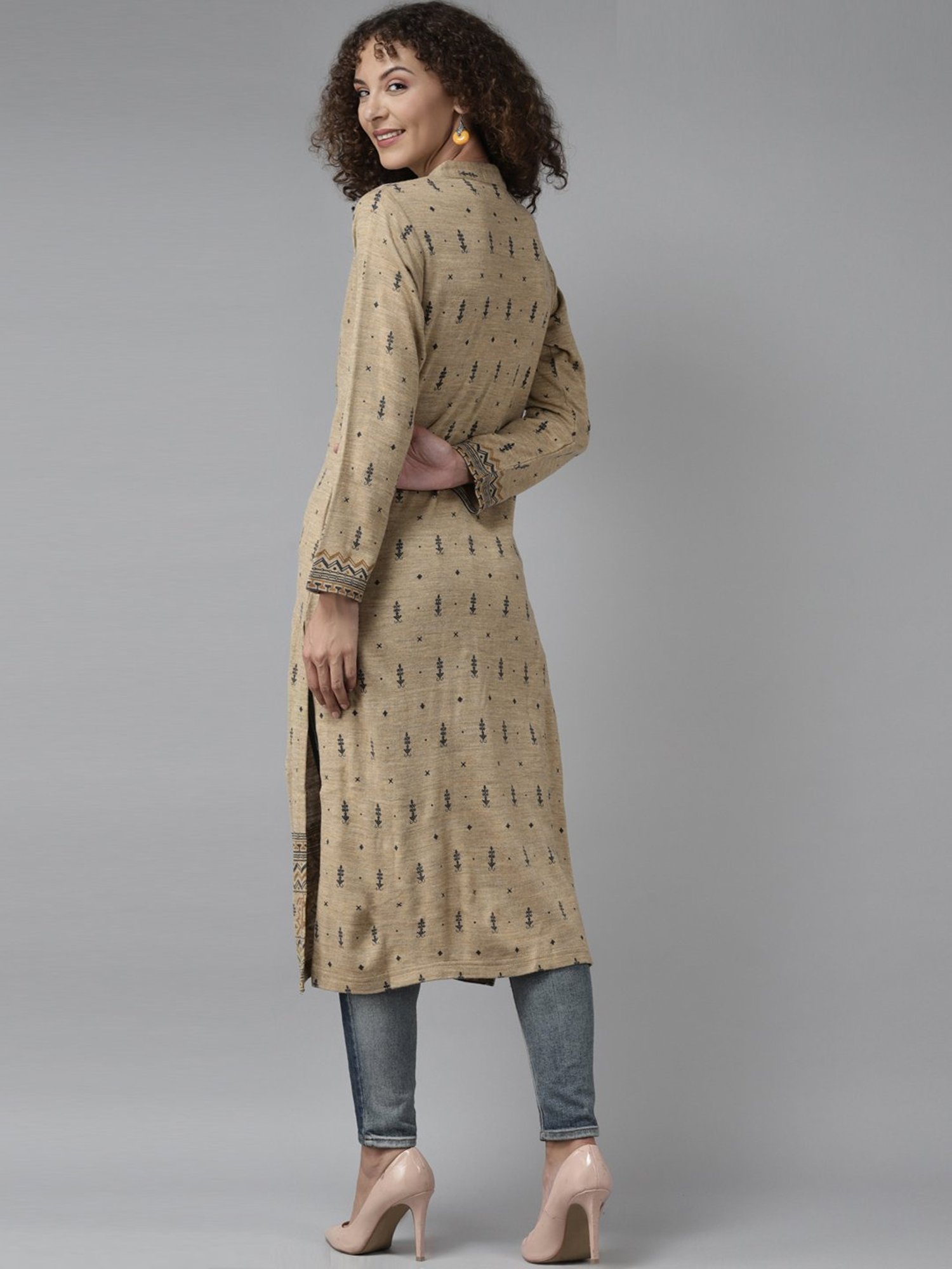 Cayman Beige Wool Embroidered Straight Kurta