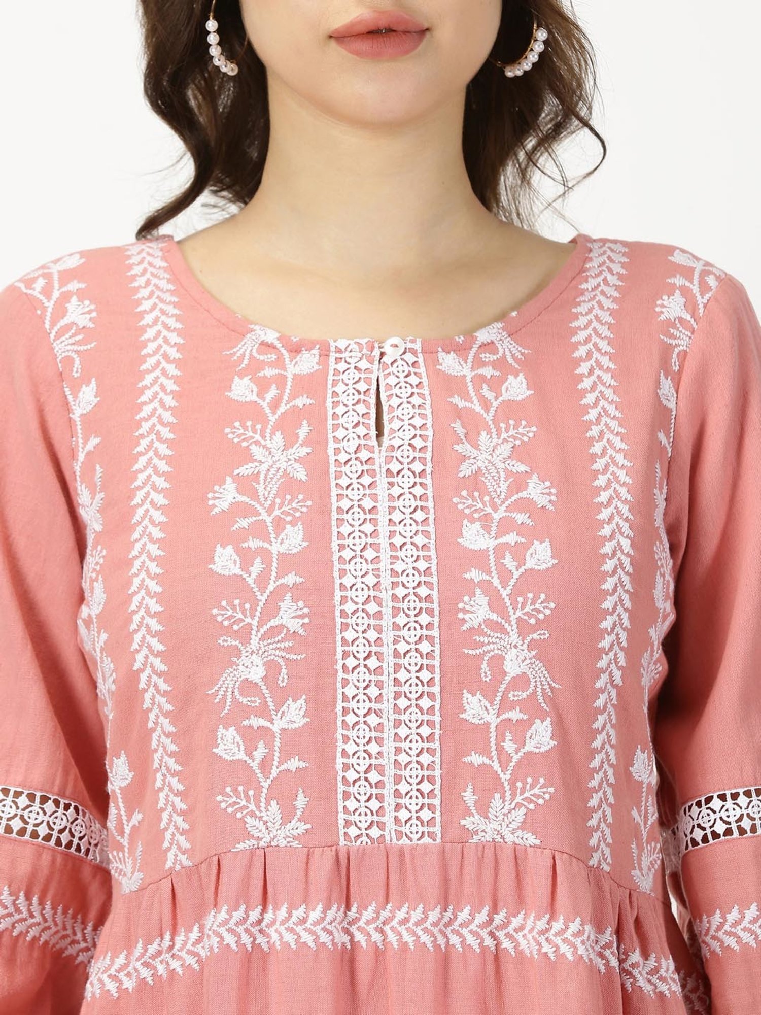 Saffron Threads Peach Cotton Embroidered Ethnic Dress