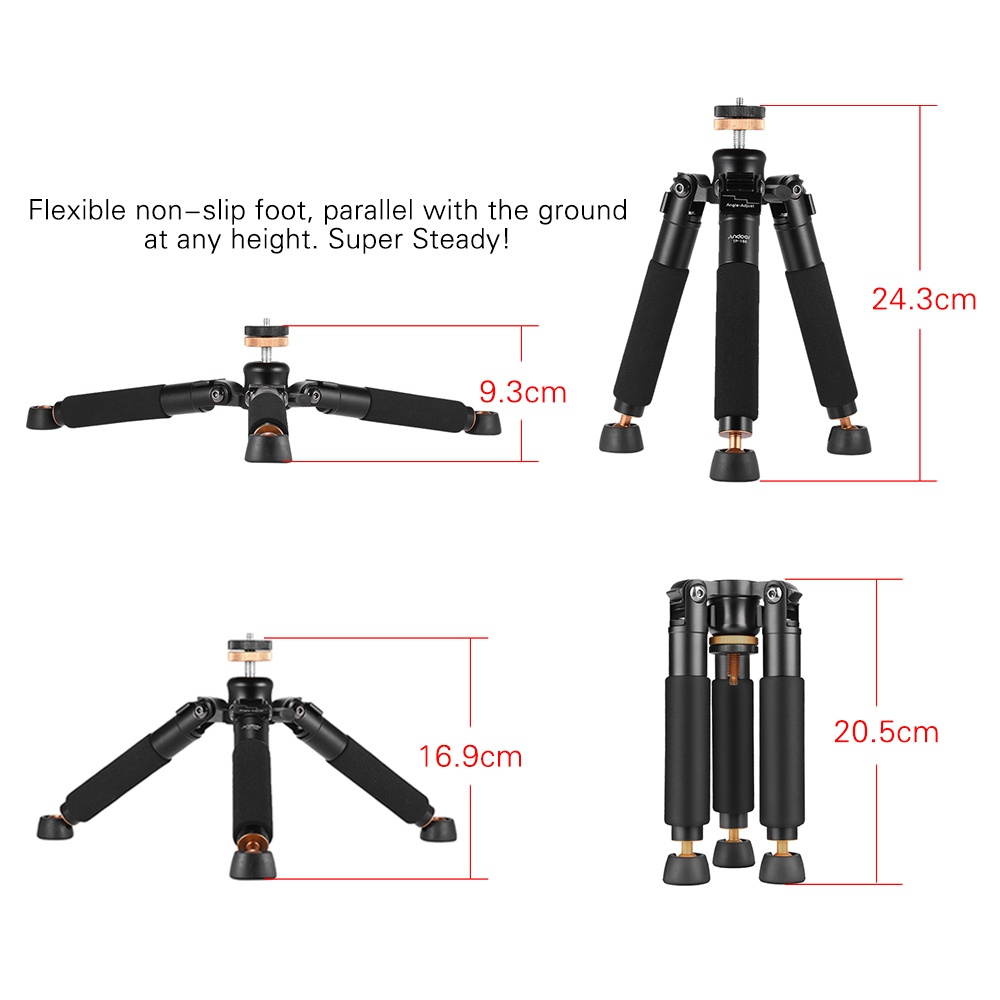 Andoer TP-166 Portable Tabletop Desktop Macro Mini Aluminum Alloy Tripod Unipod Monopod Stand Support Holder Stabilizer for Camera