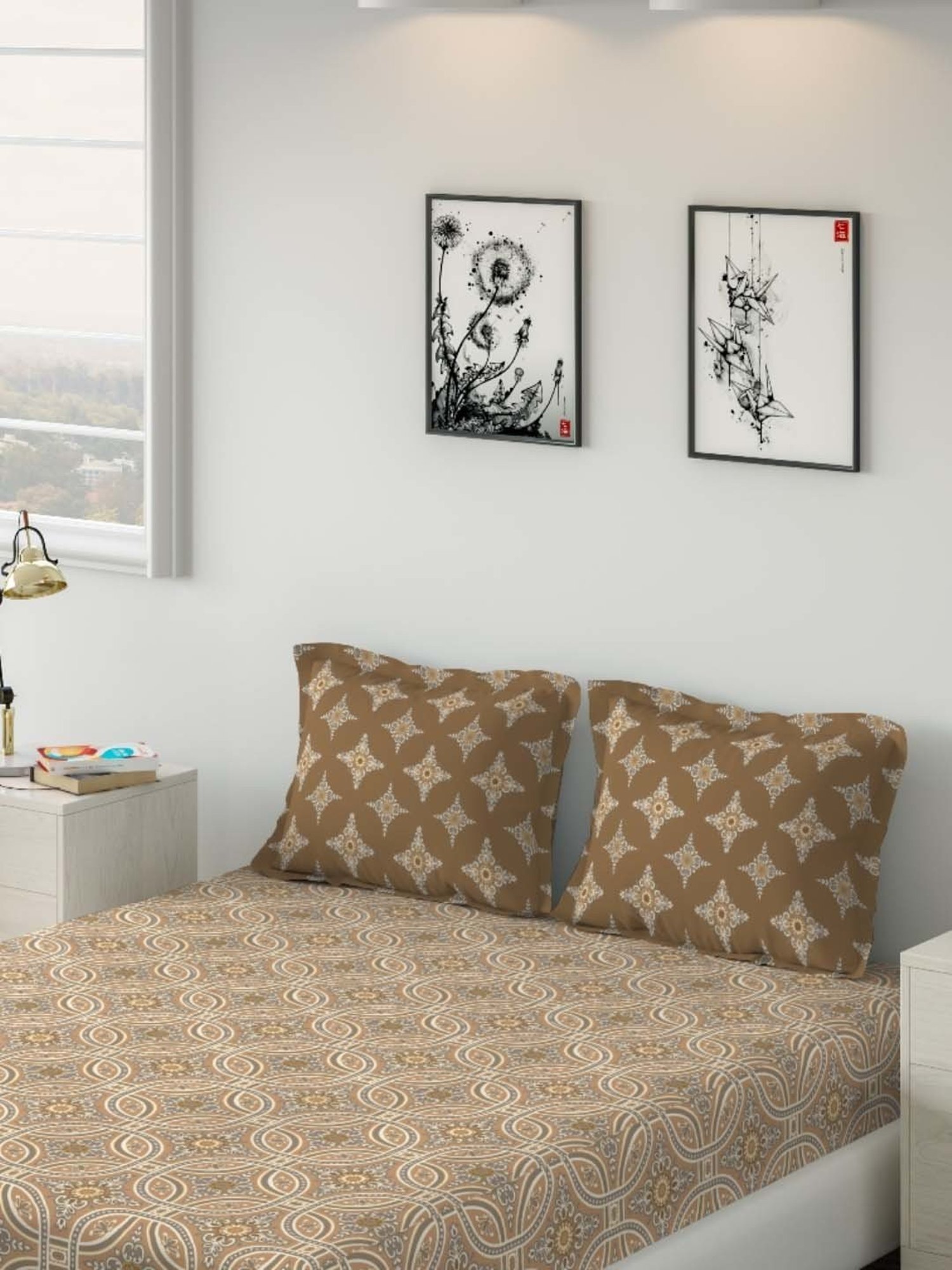 DDecor Floral Brown 136 TC Cotton Double Bedsheet with 2 Pillow Covers