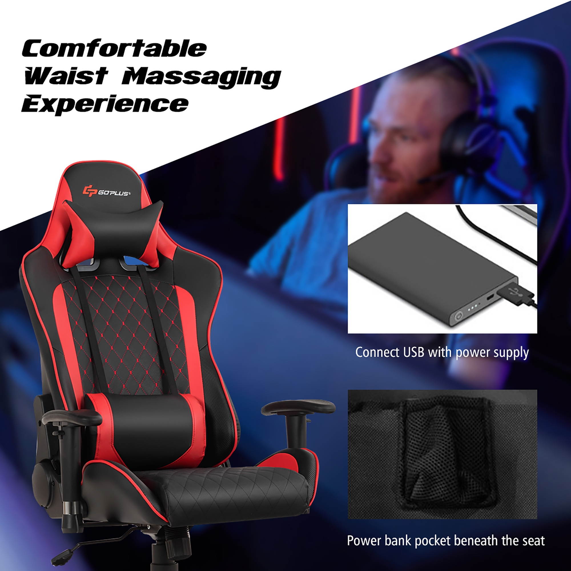 Massage Gaming Chair Reclining Racing Chair w/Lumbar Support and Headrest Red