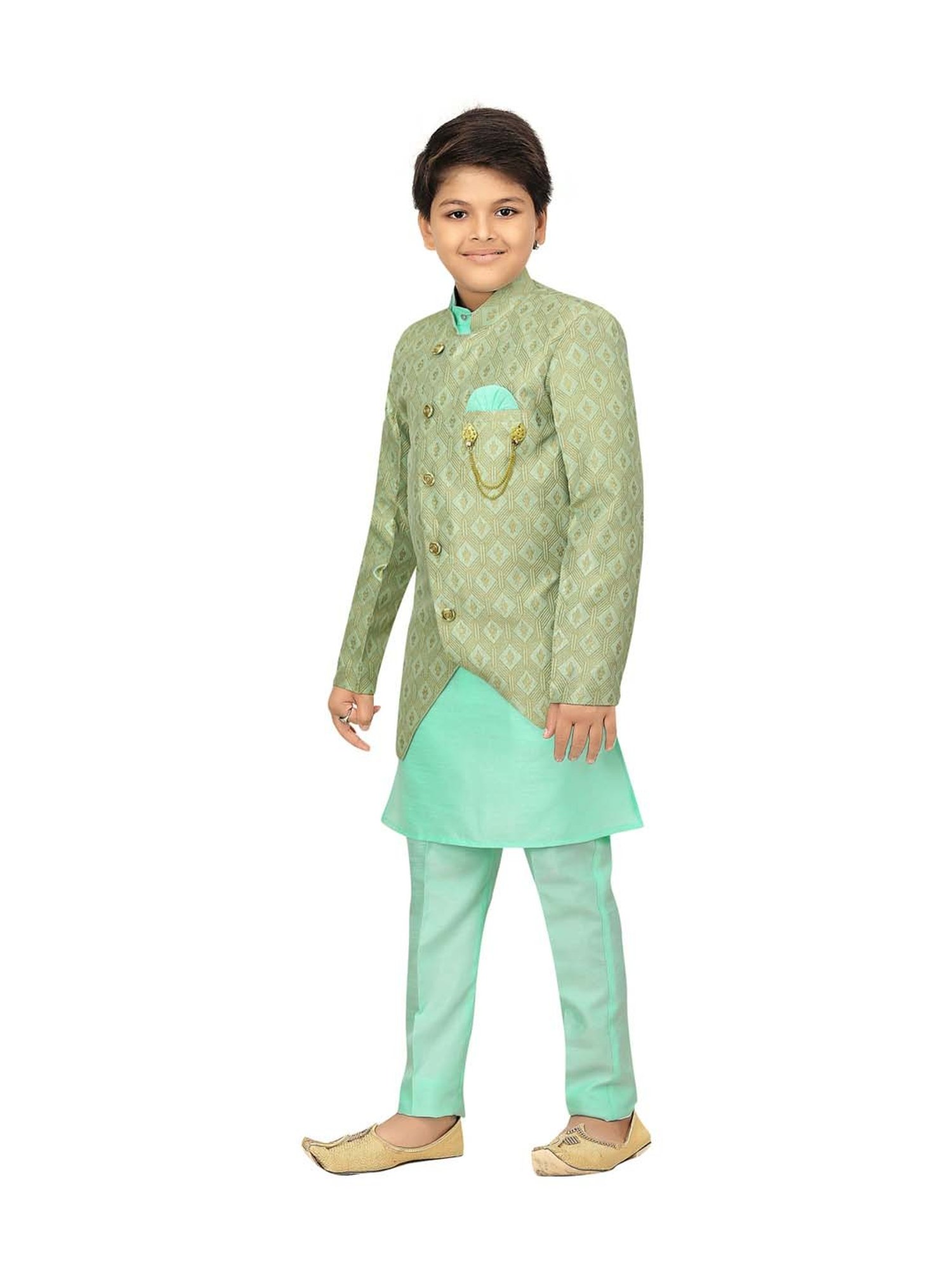 Ahhaaaa Kids Aqua Green Cotton Printed Full Sleeves Kurta Set