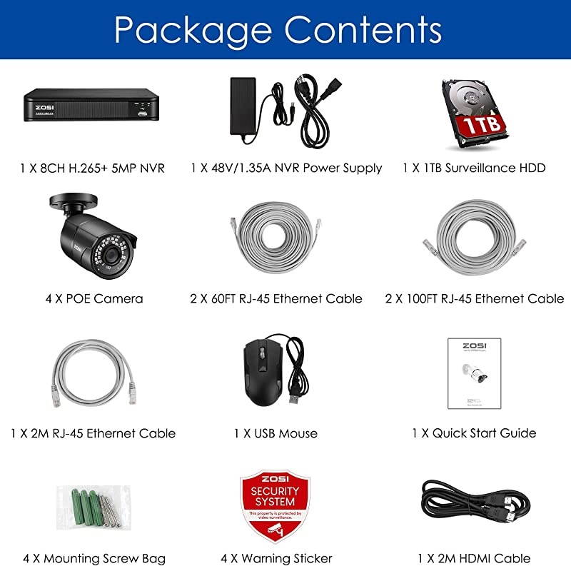 1080p H.265+ PoE Home Security Camera System Outdoor Indoor,8CH 5MP PoE NVR Recorder and (4) 1080p Surveillance Bullet IP Cameras with 120ft Long Night Vision ( 1TB Hard Drive Built-in)