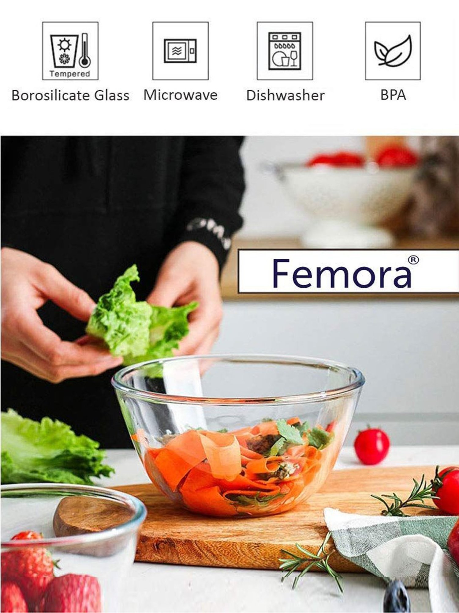 Femora Borosilicate Glass Microwave Safe Mixing Bowls (400 ml) - Set of 4