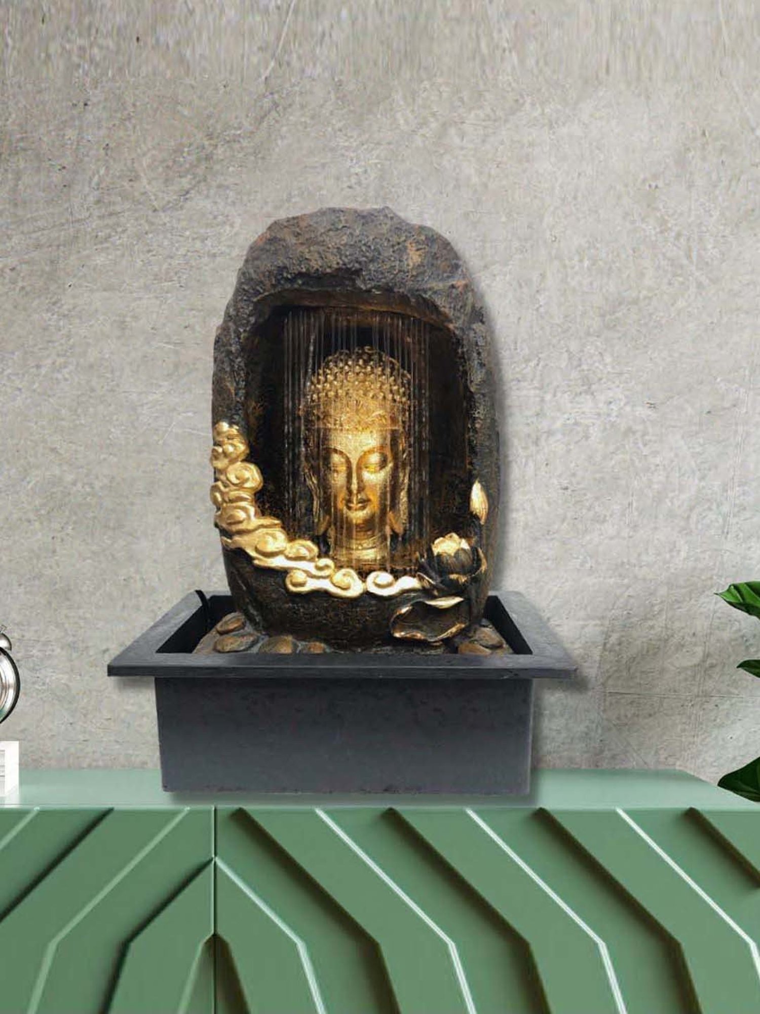 CHRONIKLE Golden & Brown Polyresin Meditating Buddha Sitting In Cave Style Waterfall Fountain