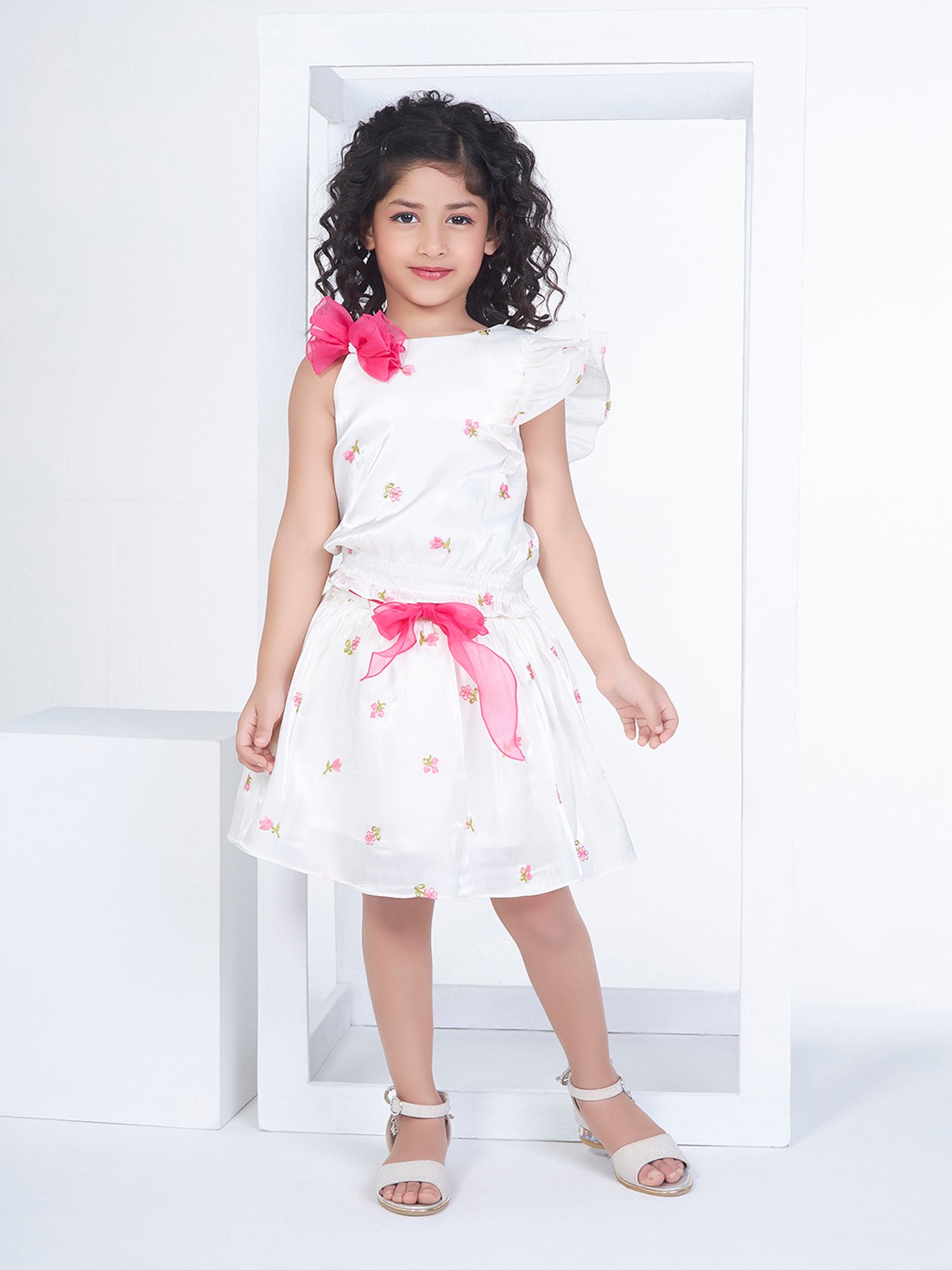 Peppermint Kids White Embroidered Top, Skirt with Belt