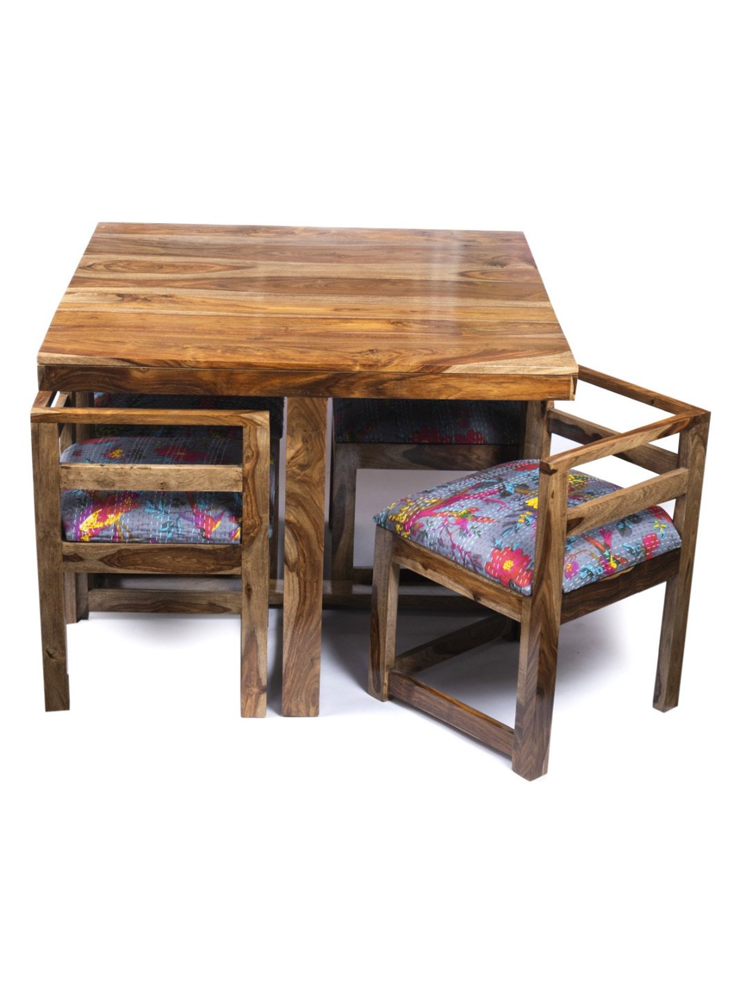 Ikiriya Kingston Printed Brown & Blue Wood 4 Seater Dining Table Set Teak Finish
