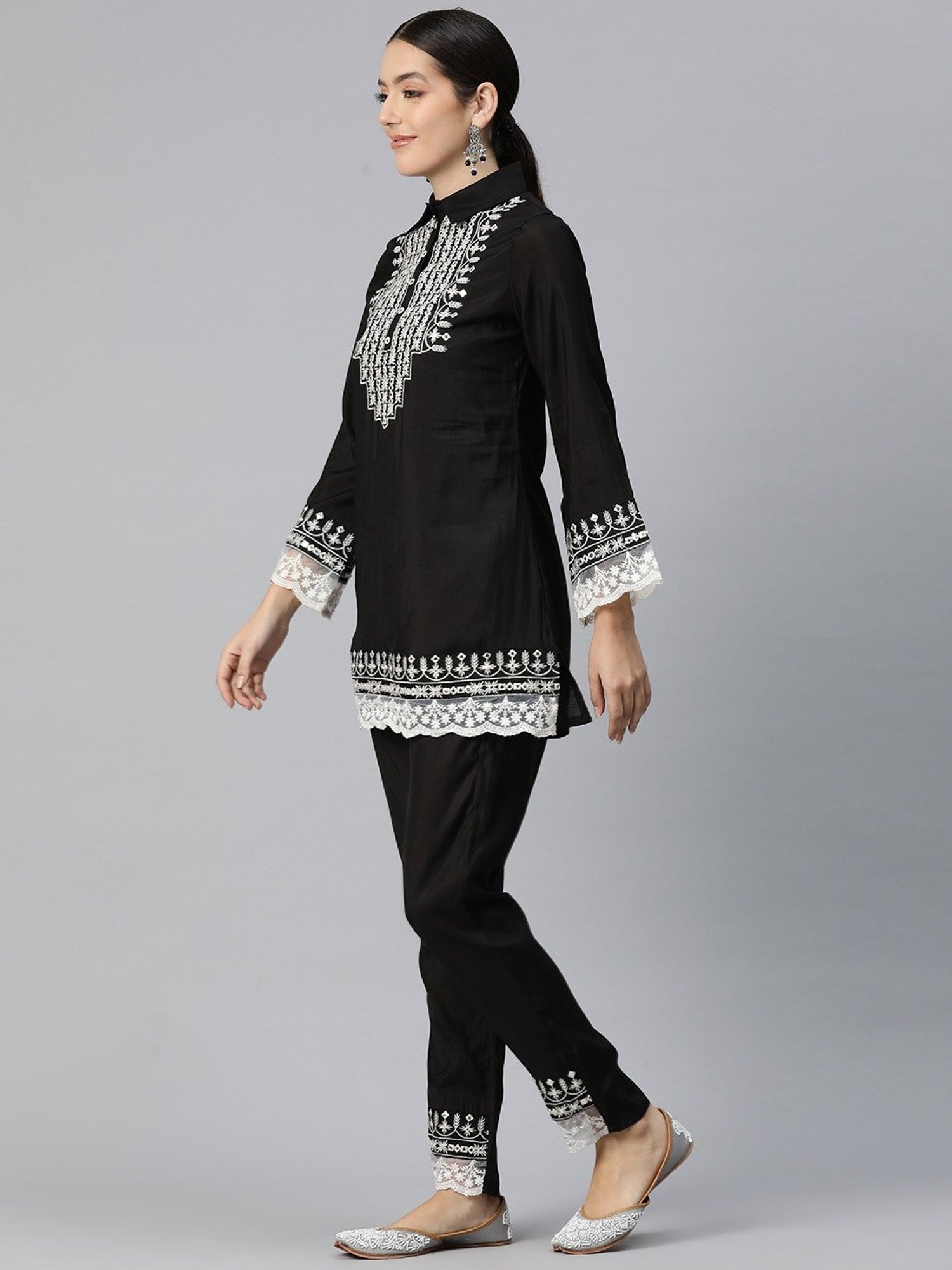 READIPRINT FASHIONS Black Embroidered Tunic Pant Set