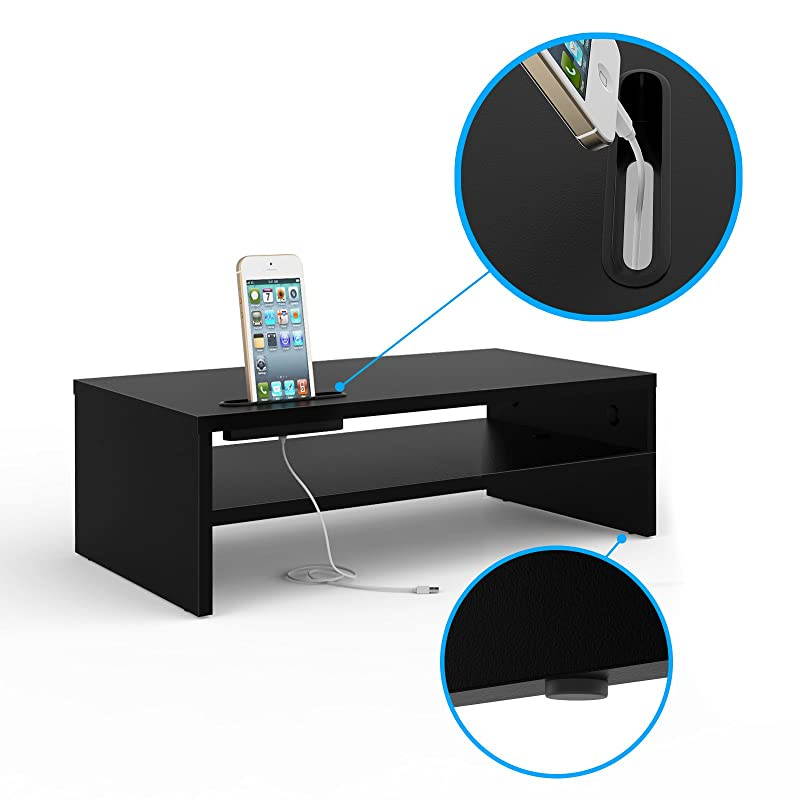 Wood Monitor Stand Arm Riser Desk Storage Organizer Speaker TV Laptop Printer Stand with Cellphone Holder and Cable Management 167 inch 2 Tiers Shelves Black
