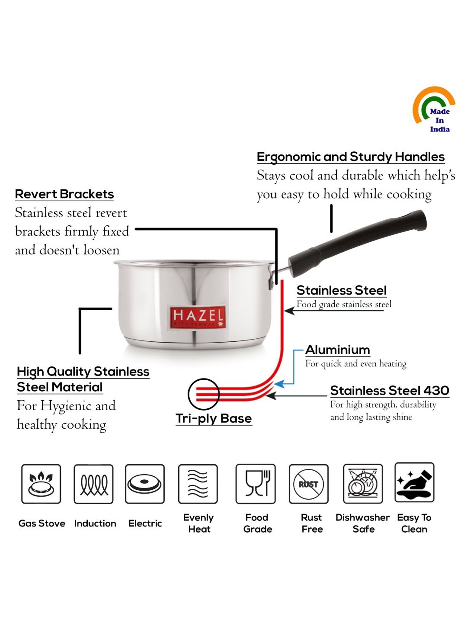 HAZEL Silver Induction Base Stainless Steel Saucepan With Handle (1650 ml)