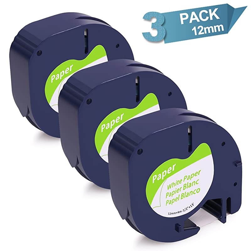 Compatible Label Tape Replacement for DYMO LetraTag Labeling Refills Self-Adhesive Paper Tape for DYMO LetraTag Label Makers, Black Print on White, 1/2 Inch x 13 feet, 12mm x 4m, 3 Pack