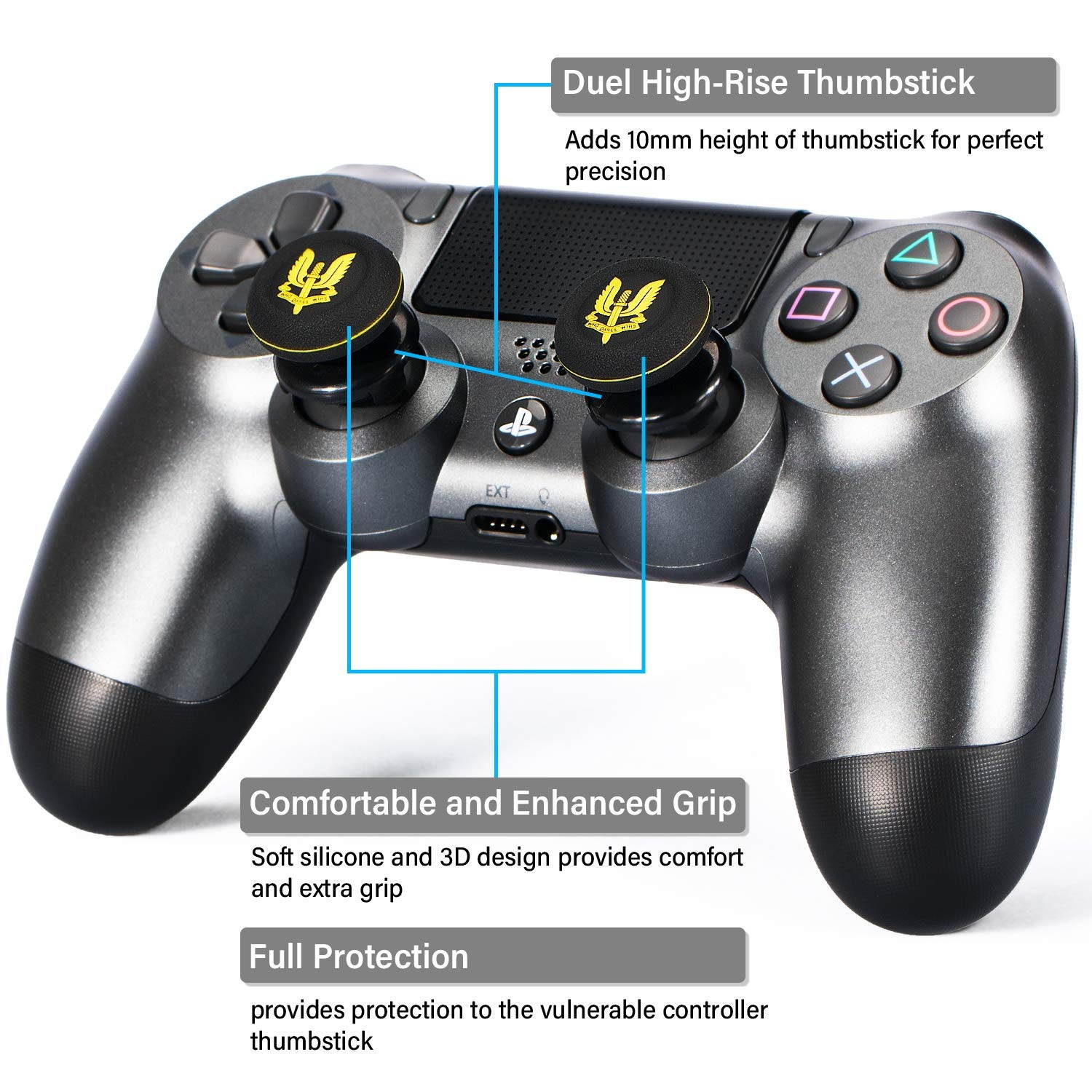 FPS Thumbstick Extender & Printing Rubber Silicone Grip Cover 2 Sets for PS5 Dualsenese & PS4 Controller (SAS Who Dares Wins)