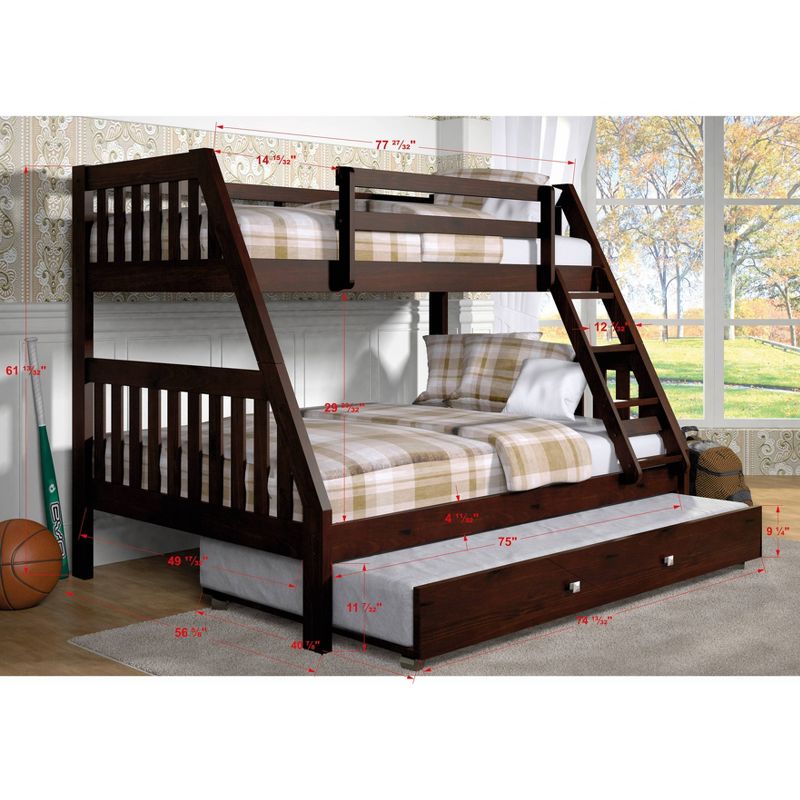 Twin/Full Mission Bunk Bed with Trundle Bed Dark Cappuccino - Donco Kids