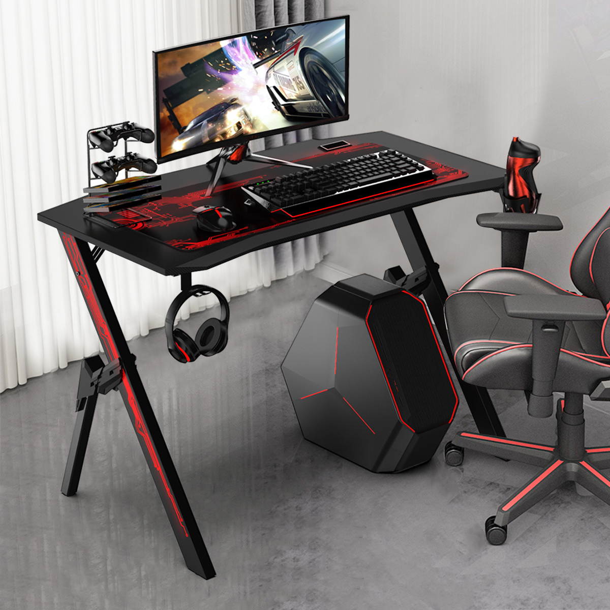43" Ergonomic Gaming Computer Office Gamer Desk Table W/ Cup Holder Headphone