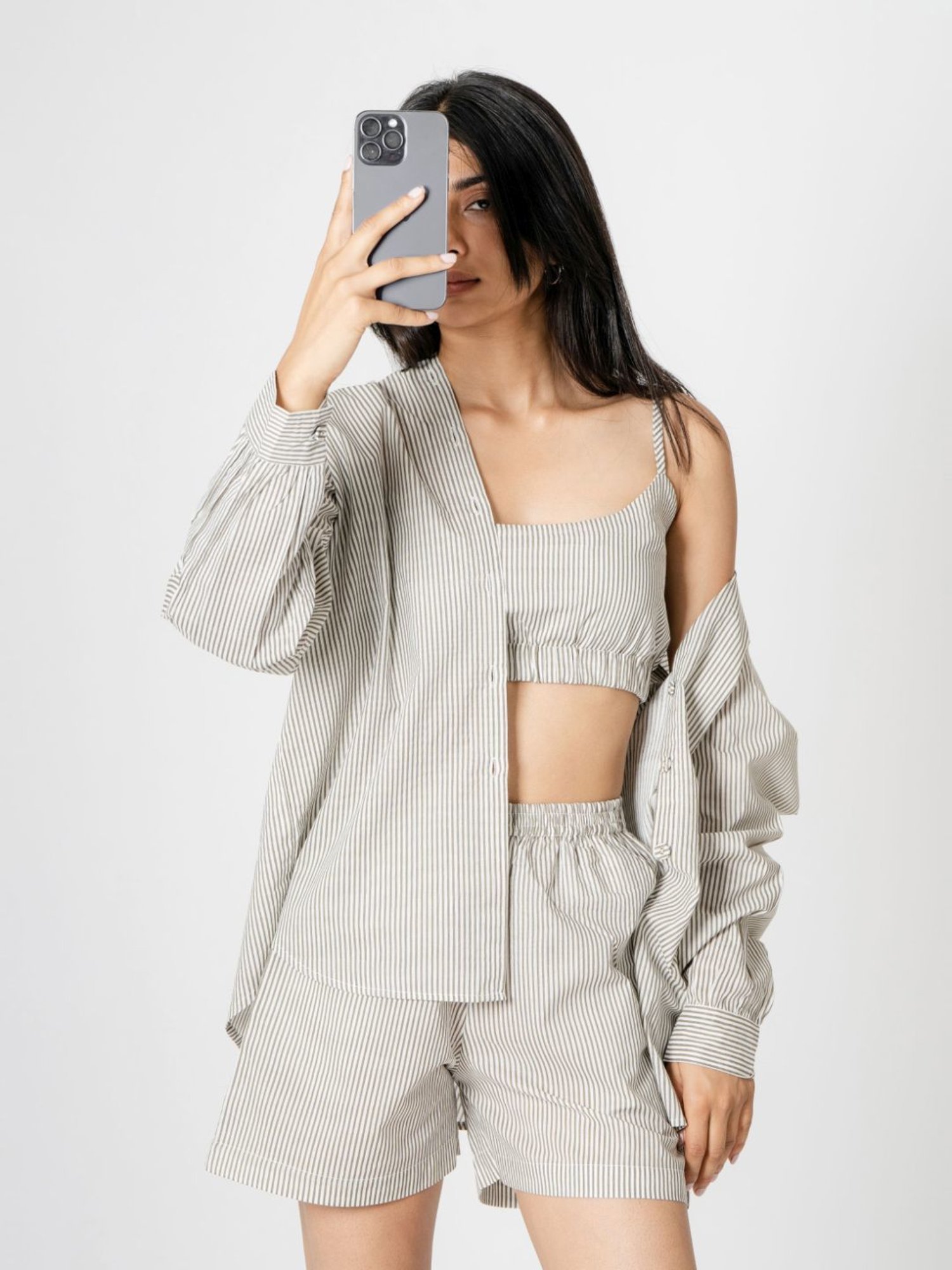 Kameez by Pooja White Capsule 24 Stripes Cotton Top and Jacket with Shorts Co-ord Set