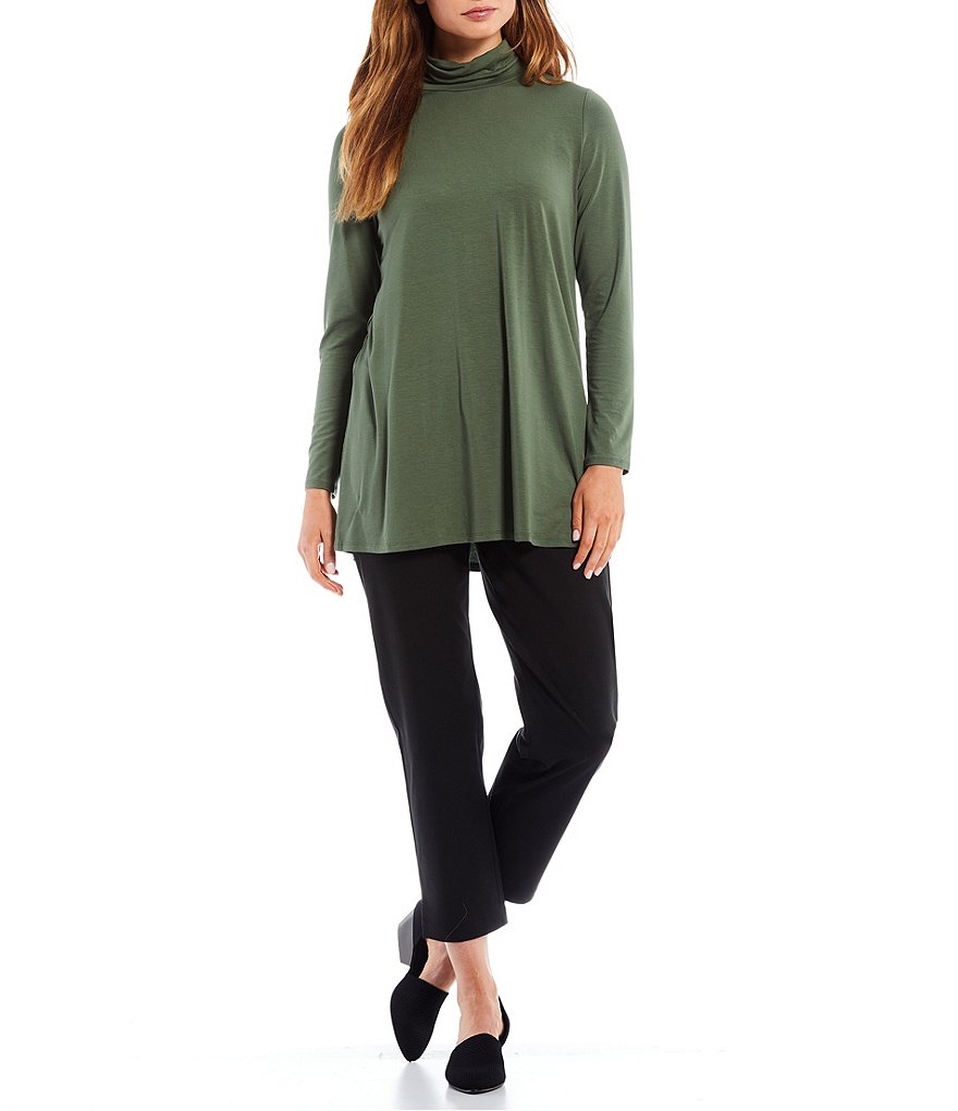 Eileen Fisher Fine Stretch Knit Jersey Scrunch Mock Neck Long Sleeve Tunic