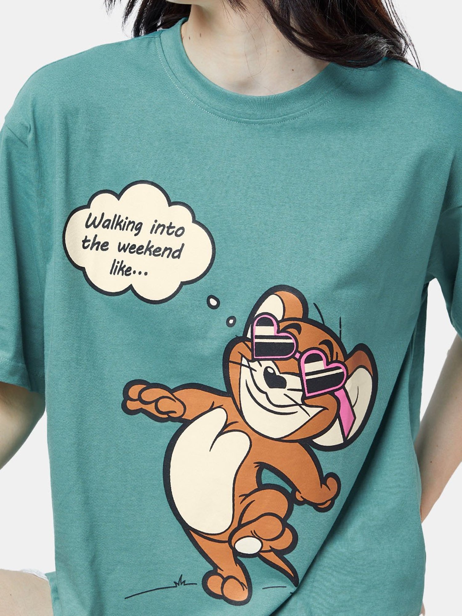The Souled Store Green Tom And Jerry: Weekend Printed Oversized T-Shirt