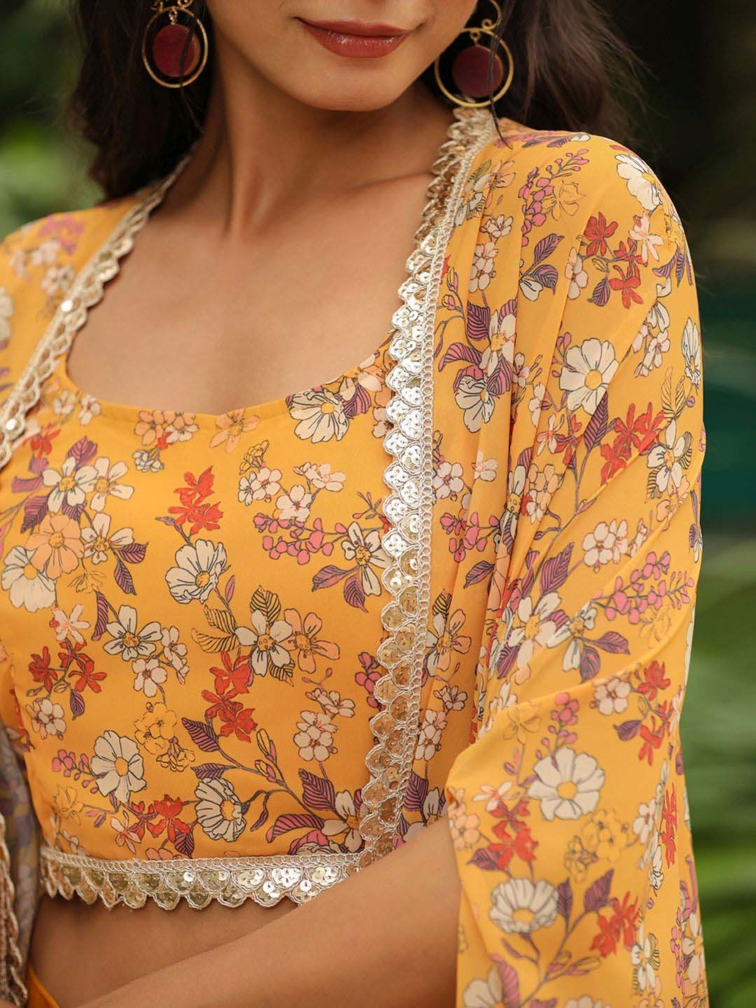 Janasya Mustard Printed Crop Top Palazzo Set With Cape