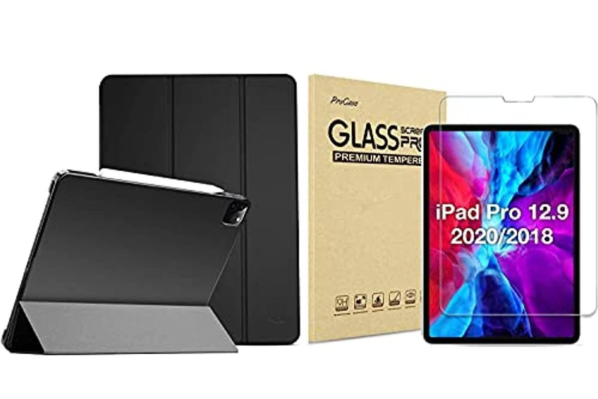 ProCase Black iPad Pro 12.9 Slim Case 4th Generation 2020 & 2018 Bundle with iPad Pro 12.9 Tempered Glass Screen Protector
