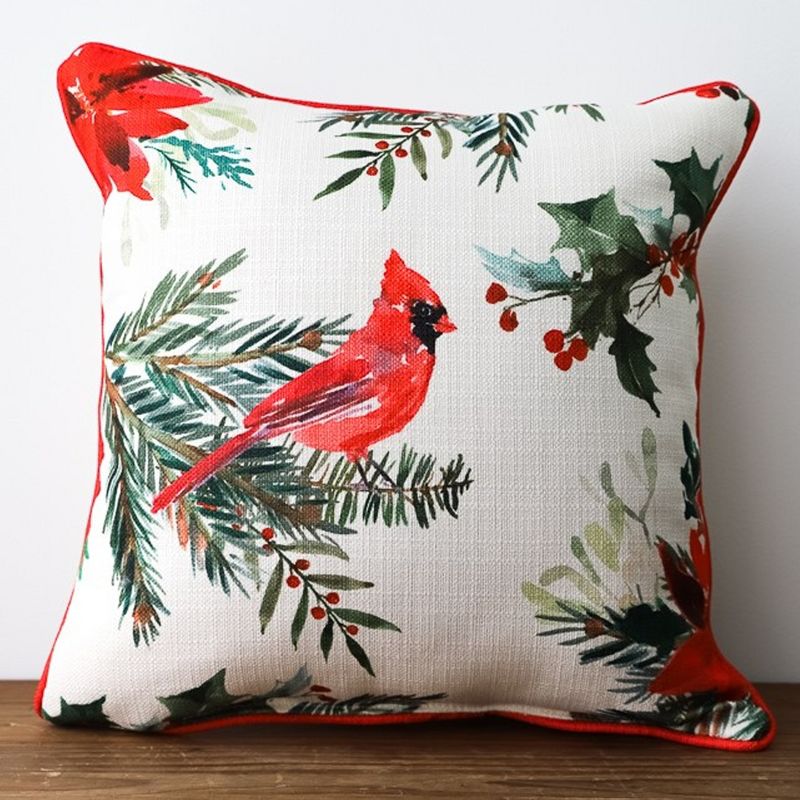 Christmas 16.0" Poinsettia Cardinal Pillow Berries Home Decor  -  Decorative Pillow