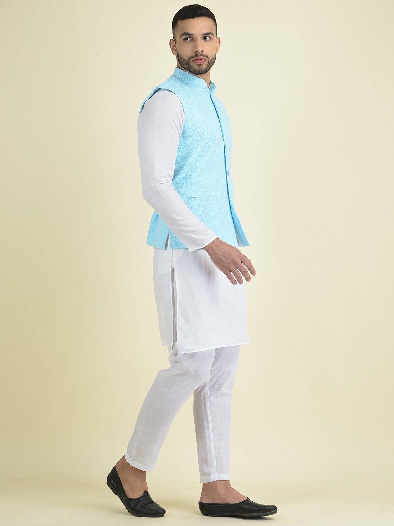 Deyann Blue & White Cotton Regular Fit Embroidered Kurta Set With Jacket