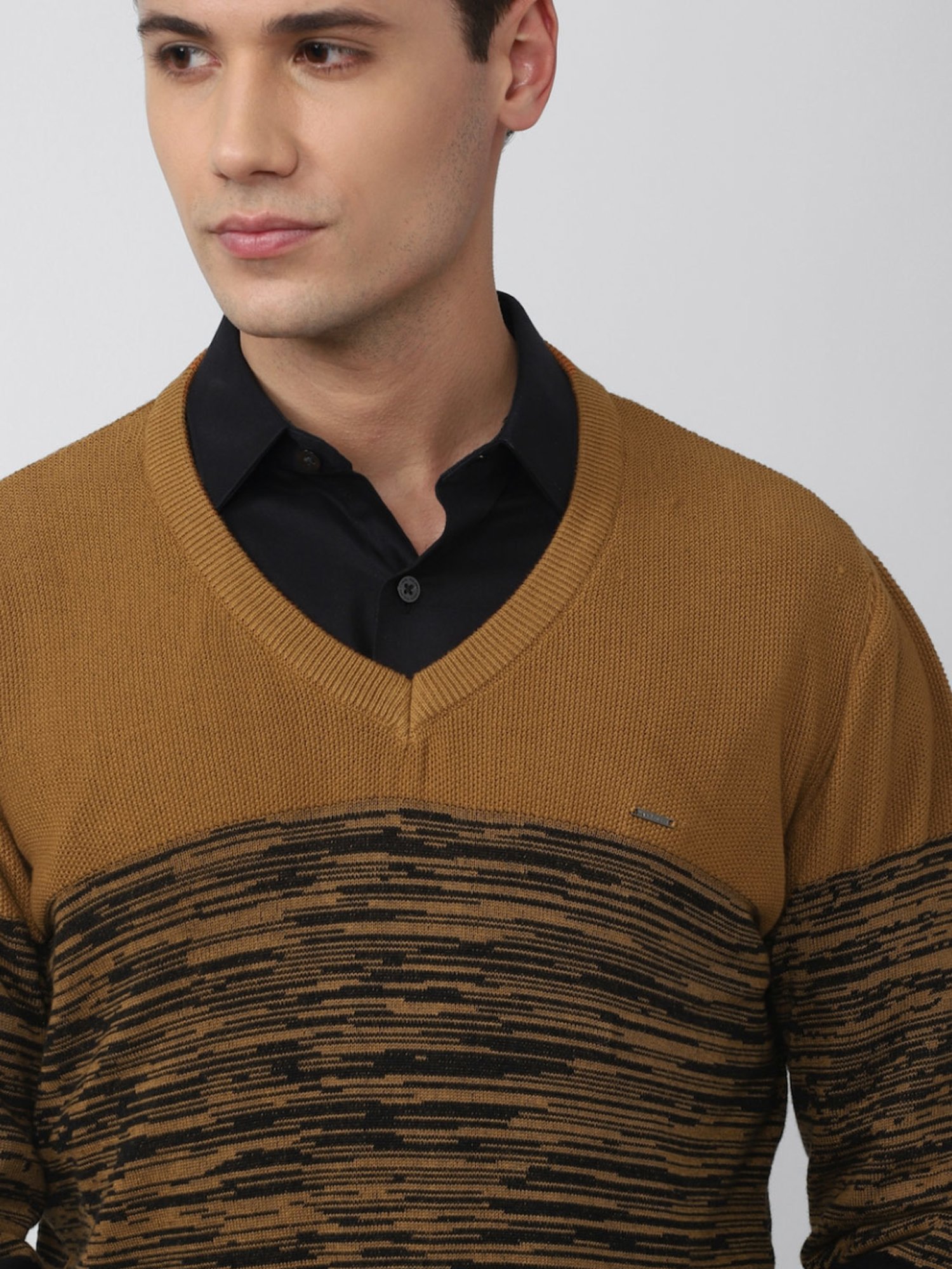 Van Heusen Brown Regular Fit Striped Sweater