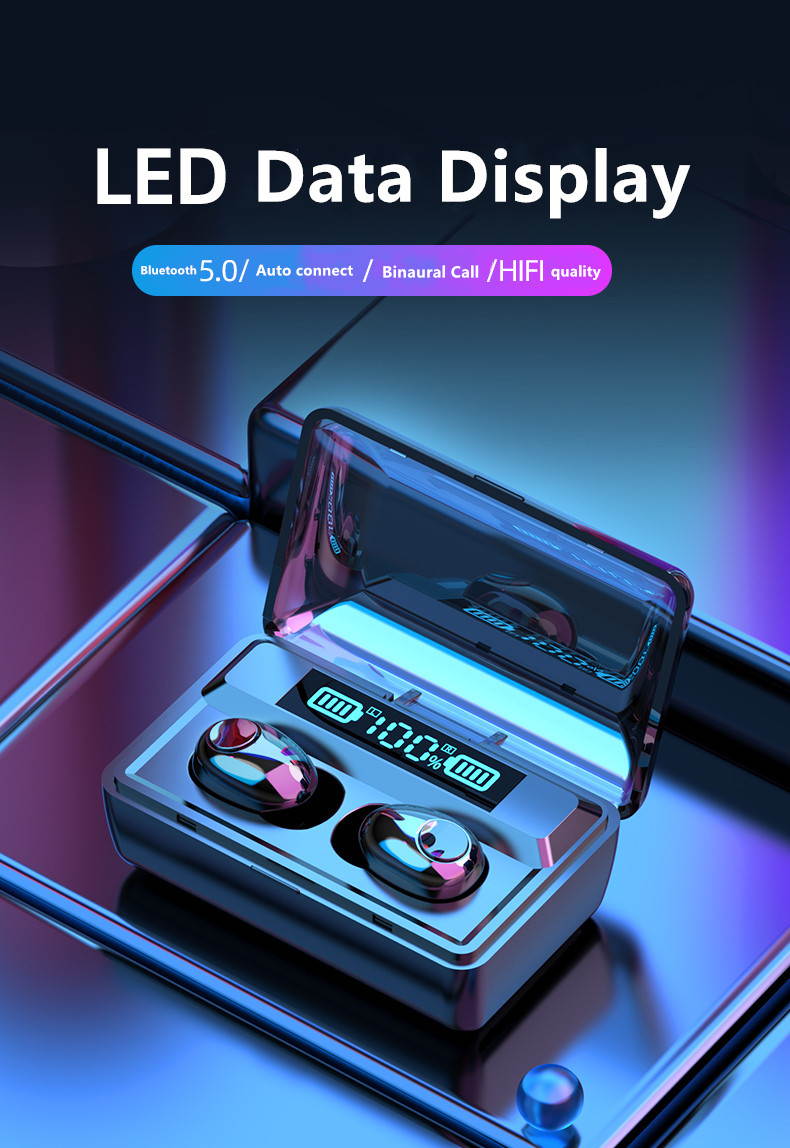 Wireless Intelligent Power Capacity Display Mini Invisible Bluetooth Headset 5.0 Suitable for Android & IOS Mobile Phones Waterproof Multifunction Earbuds Sports Automatic Charging