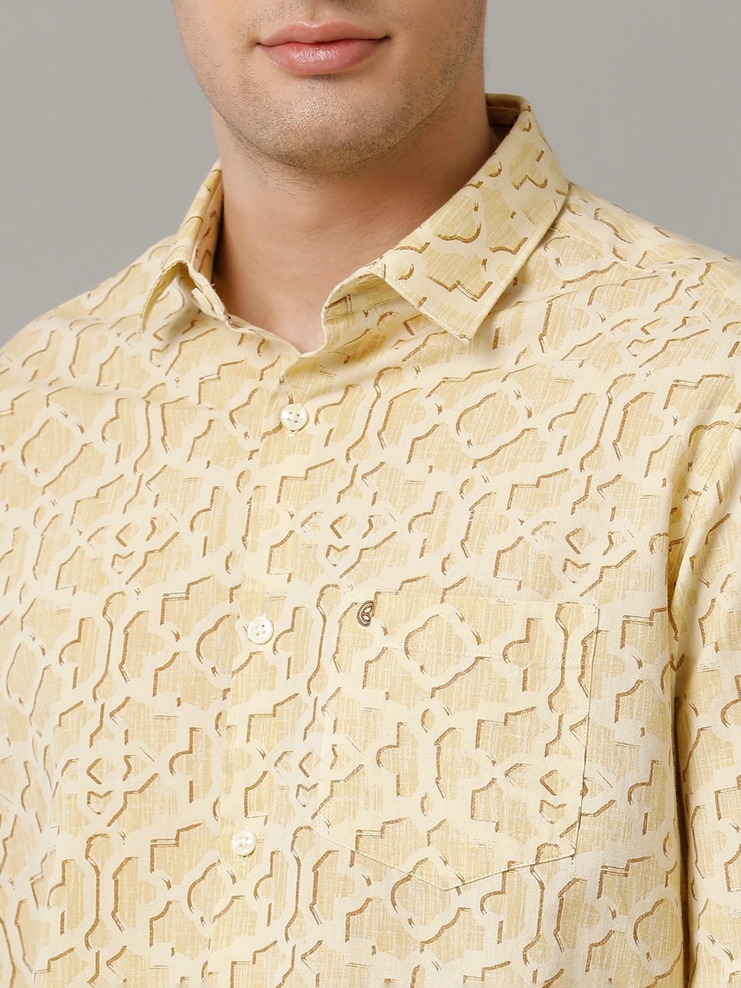 Cavallo By Linen Club Yellow Linen Contemporary Fit Printed Shirt