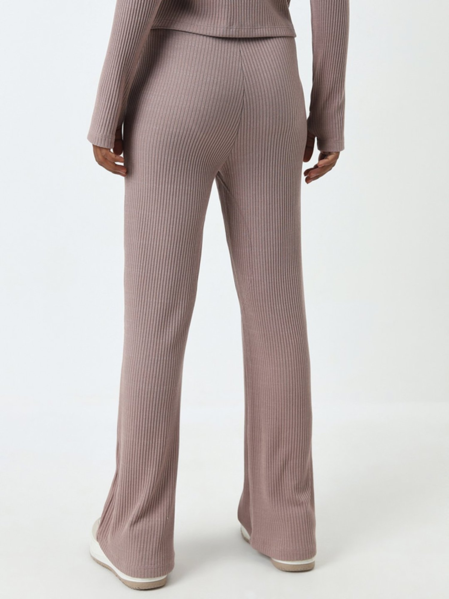 Studiofit by Westside Light Brown Ribbed Textured High-Rise Track Pants