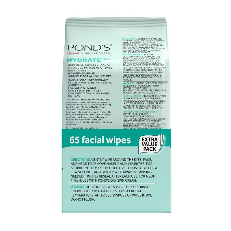 Pond's Vitamin Micellar Hydrate Facial Wipes - Vit B3 - Aloe Vera - 65ct