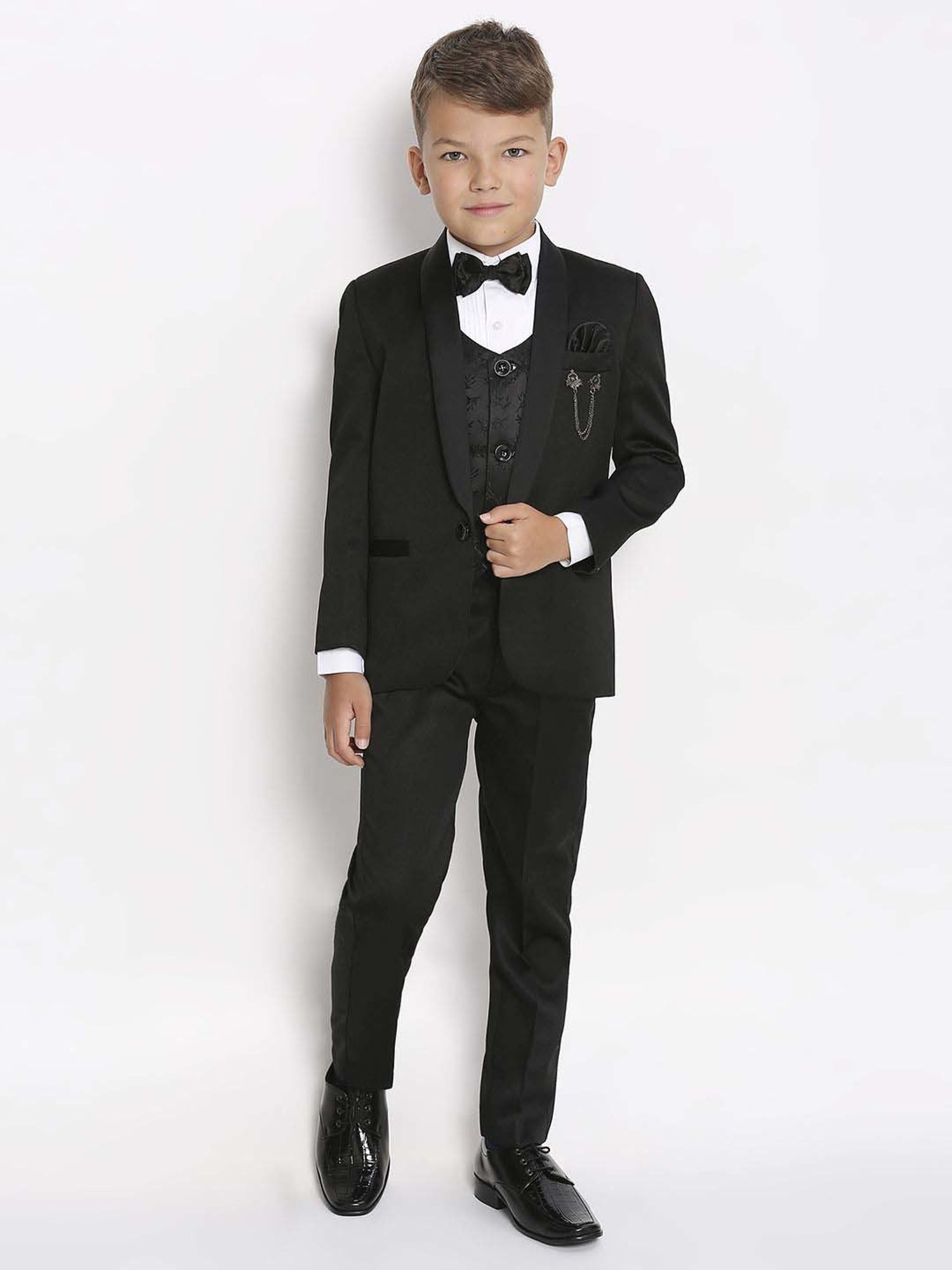 Kids Island Boys Black & White Jacquard Full Sleeves Suit Set