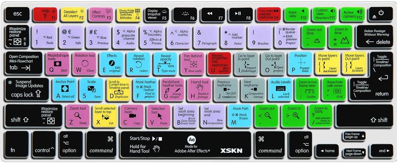 XSKN for Adobe After Effects Shortcut Design Hotkeys Silicone Laptop Keyboard Skin Cover for Early MacBook 13" MacBook 13" 15" 17", US&European Layout