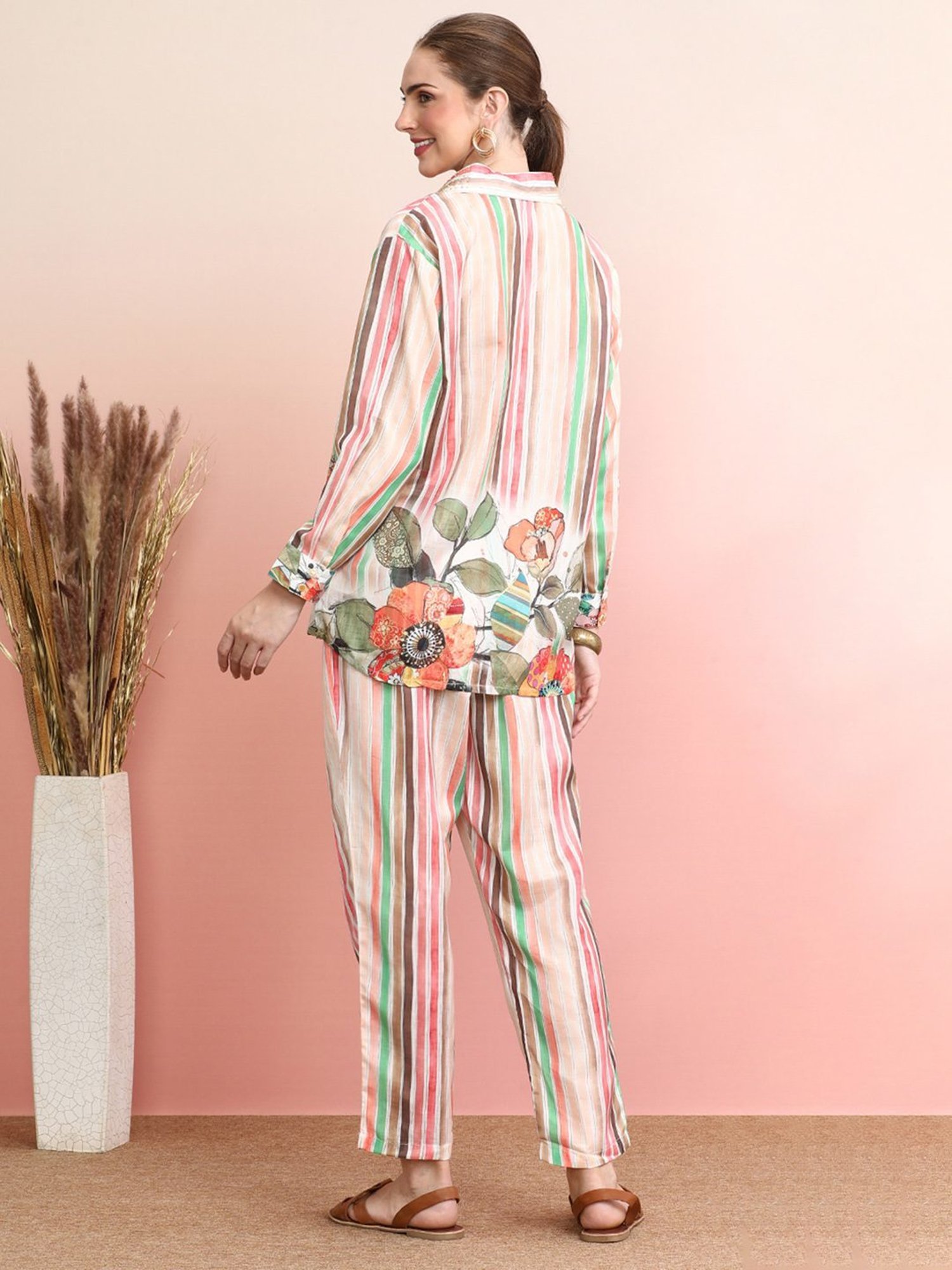 Indo Era Multicolored Floral Print Shirt Pant Set